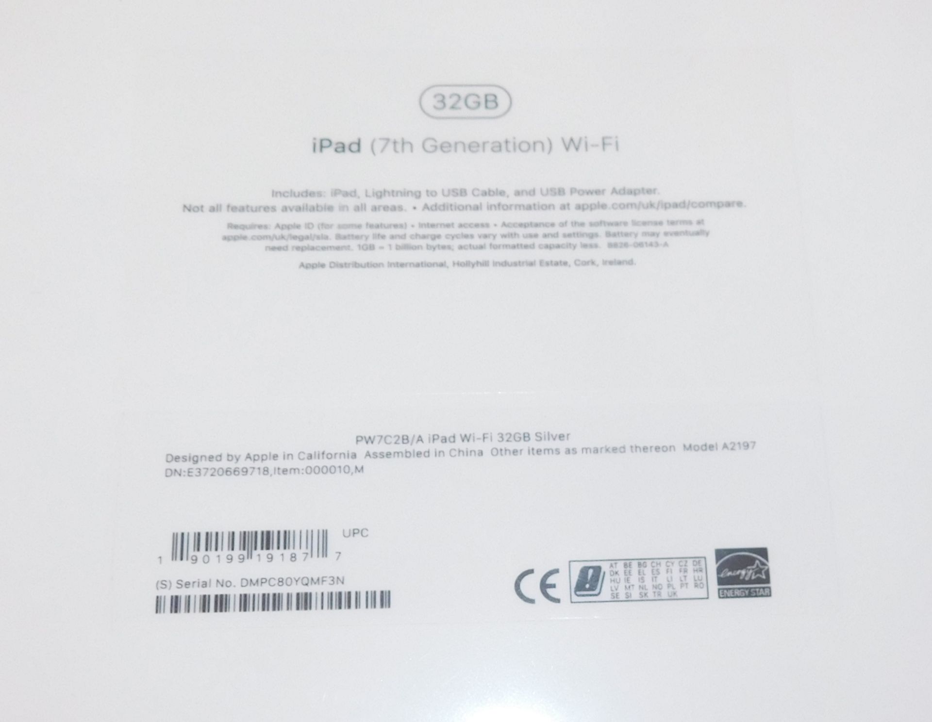 Apple A2197 iPad, 7th Gen, 32GB, Silver, Serial Number: DMPC80YQMF3N, (New in Sealed Box) ( - Image 2 of 2