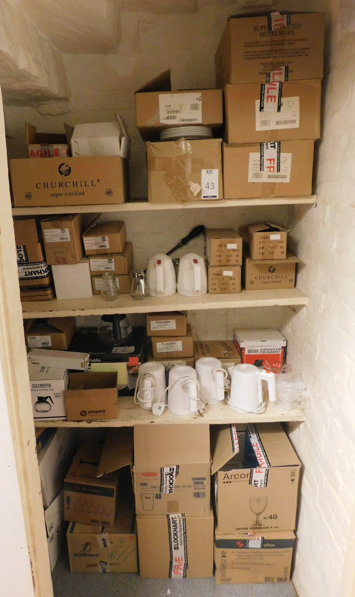 Contents of Cupboard: Mugs, Glassware, Toast Plates, Kettles, Toast Racks, Tableware etc (Location