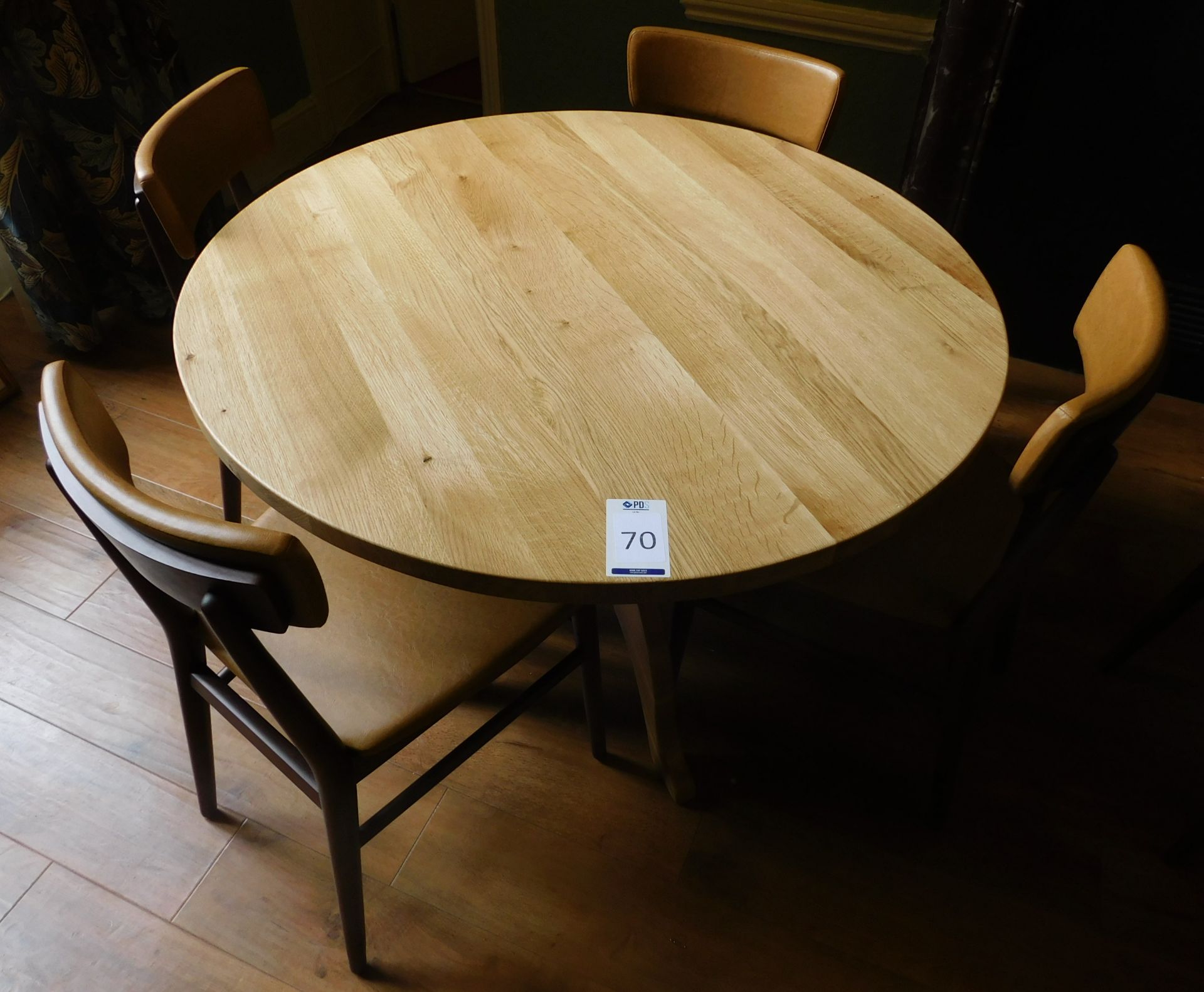 Medium Oak Circular Dining Table, Central Turned Column, Arched Tripod Supports & Four Zenga Beech