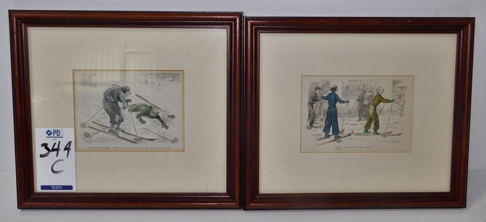 Pair of Hand Tinted Early 20th Century Prints Depicting Skiers (Location: Brentwood - See General