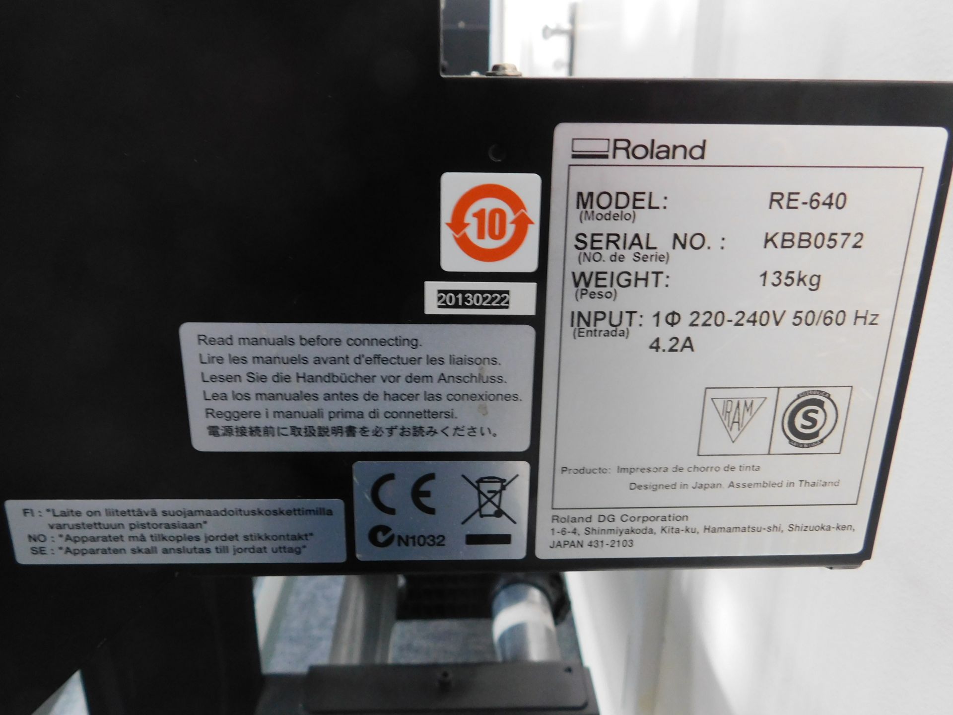 Roland Versart RE640 Wide Format Printer, Serial Number KBB0572 (Location: Hatfield - See General - Image 3 of 3