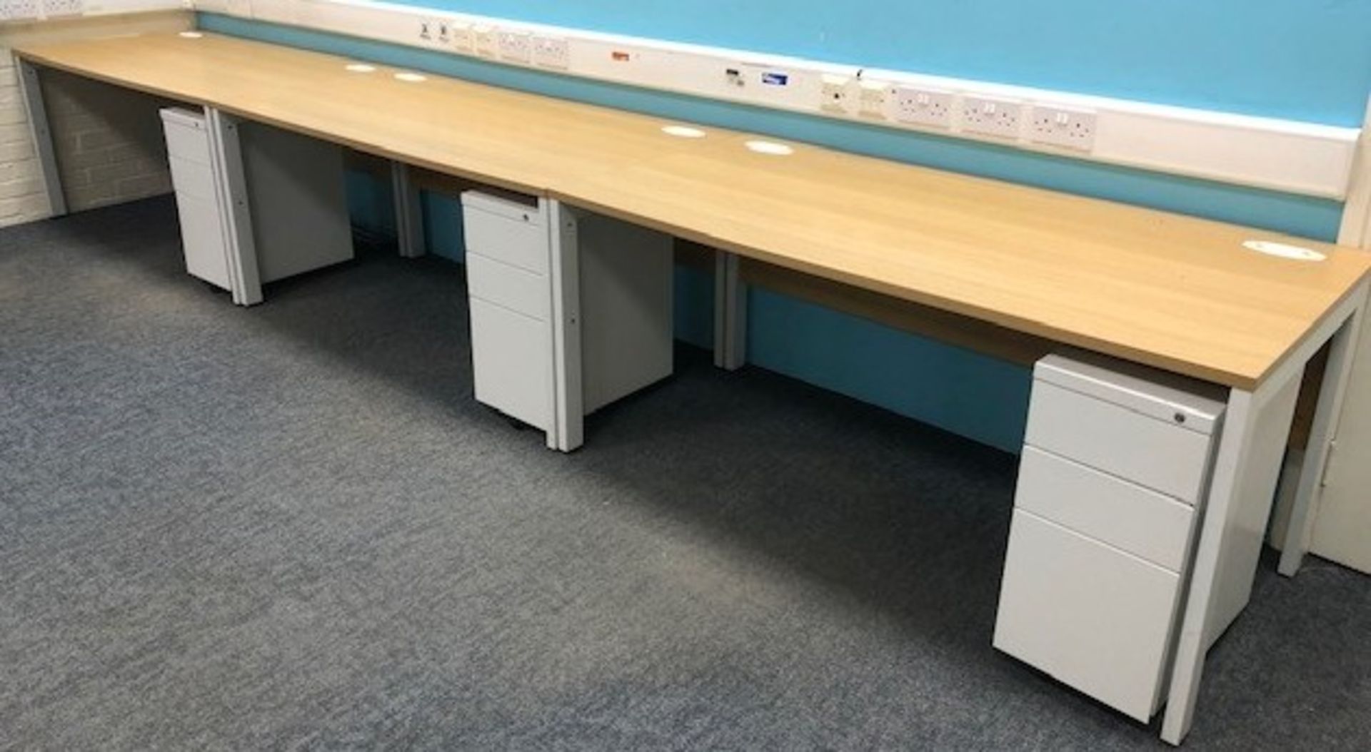 Four Beech Effect Workstations & Three, 3-Drawer Pedestals (Location: Hatfield - See General Notes
