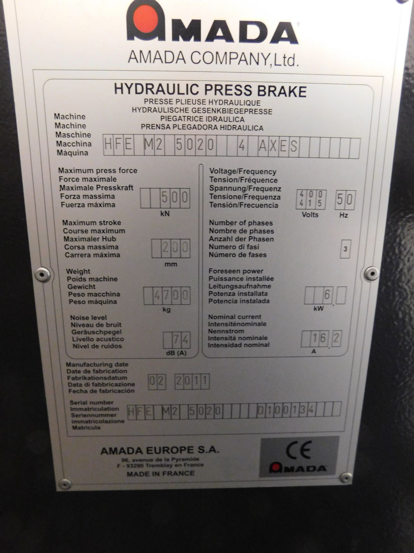 Amada Model HFEII50-20/4 Hydraulic Press Brake (2011), Serial Number D100134 with CS400 Guarding - Image 3 of 4