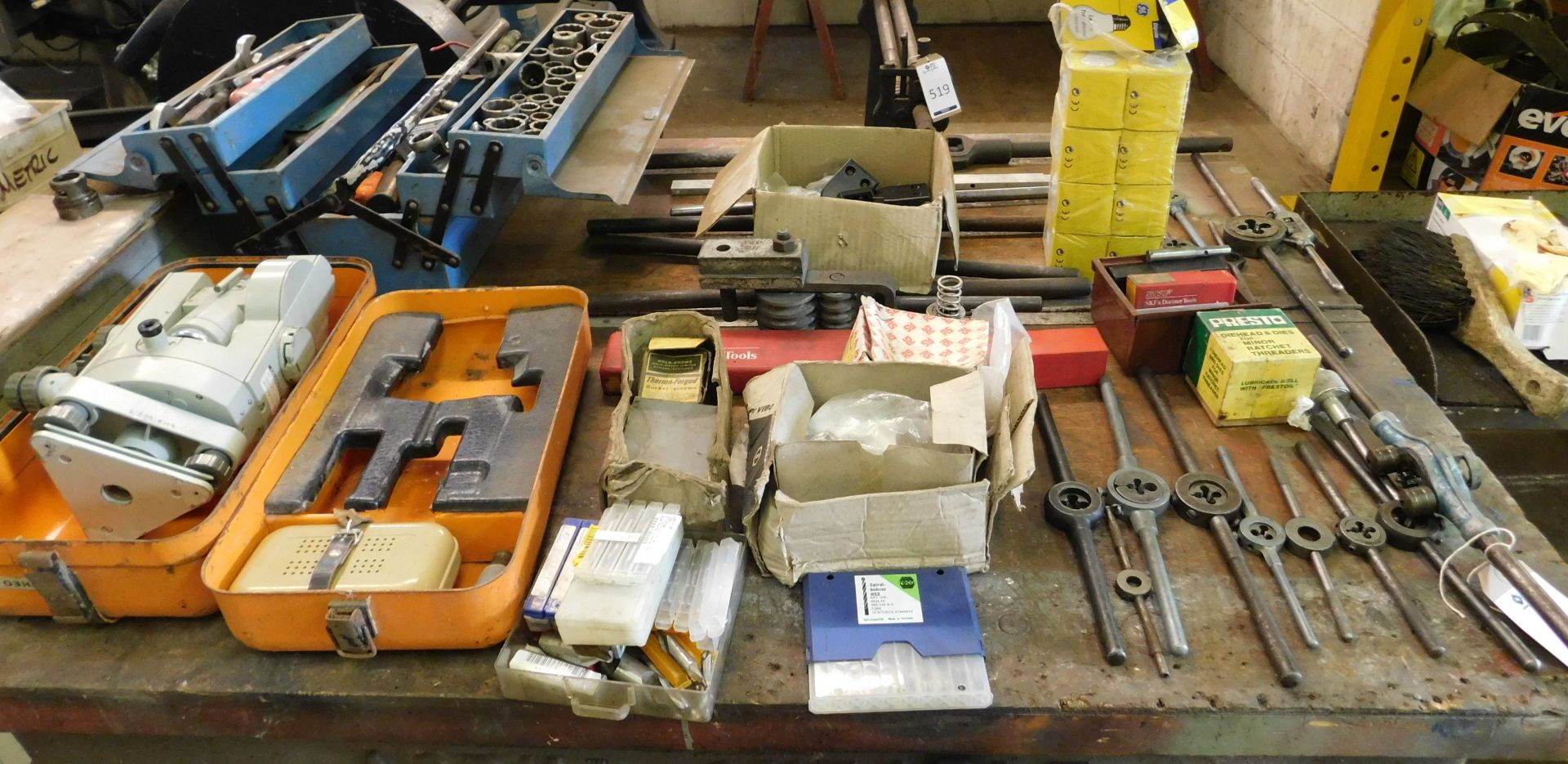 Quantity of Tapping Die Set Pieces, Tool Chest with Assorted Manual Tools & Measuring Instruments (