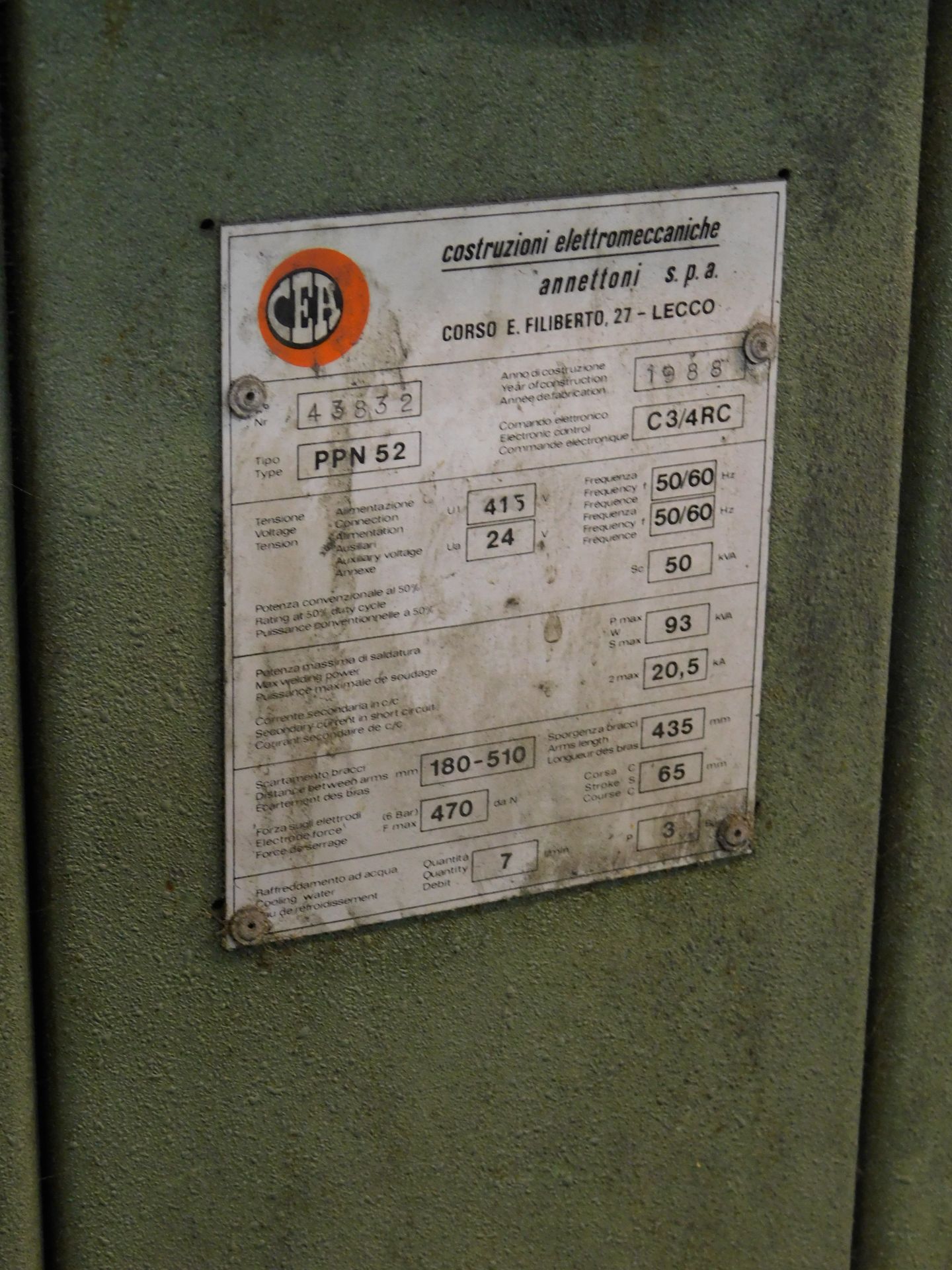 Costruzioni Model PPN52 Spot Welder, Serial Number 43832 with Thermal Exchange Unit, Serial Number - Image 4 of 5