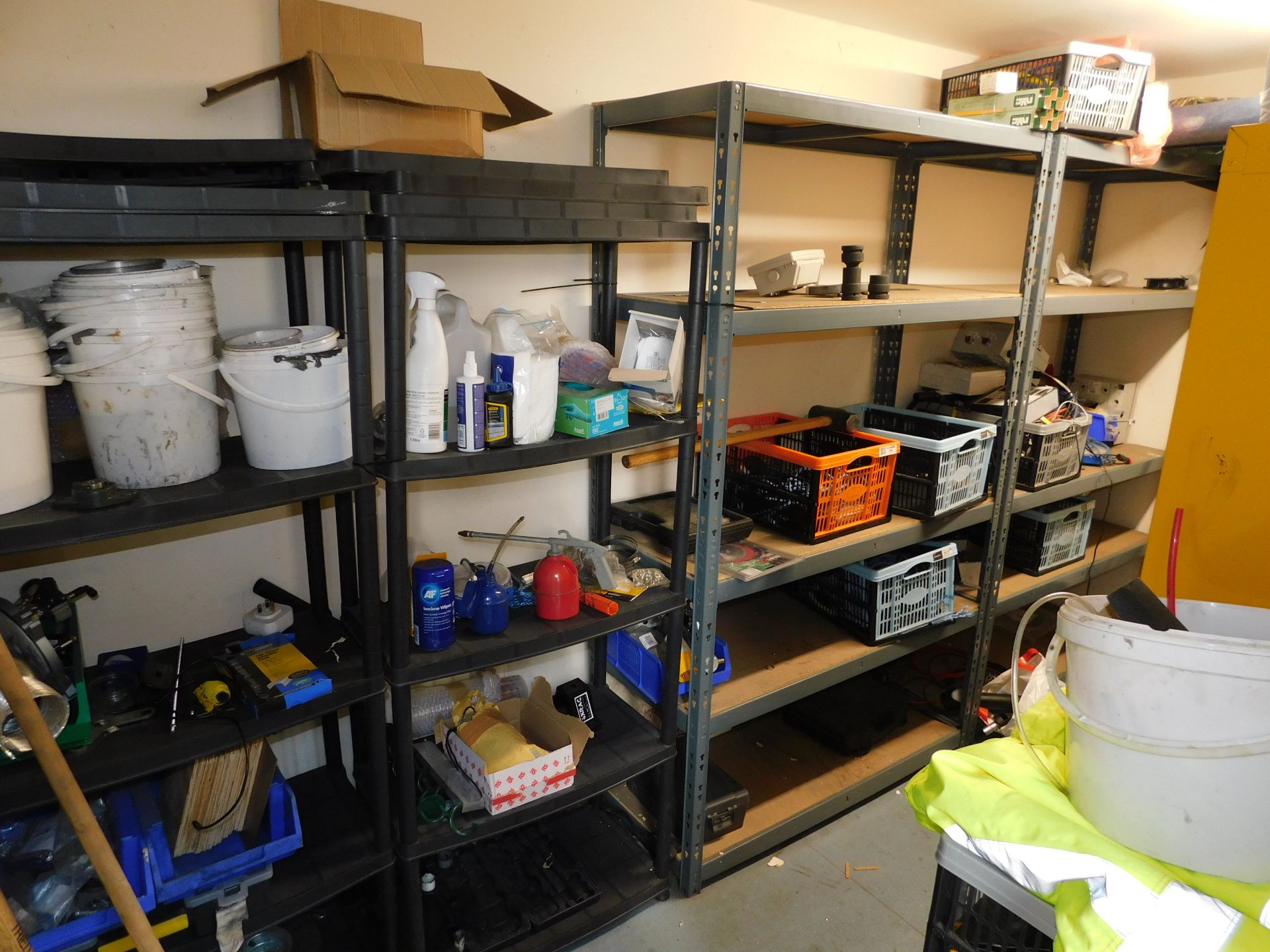 Contents of Store to Include Shelving Units, Double Door Cupboard & Contents of Various