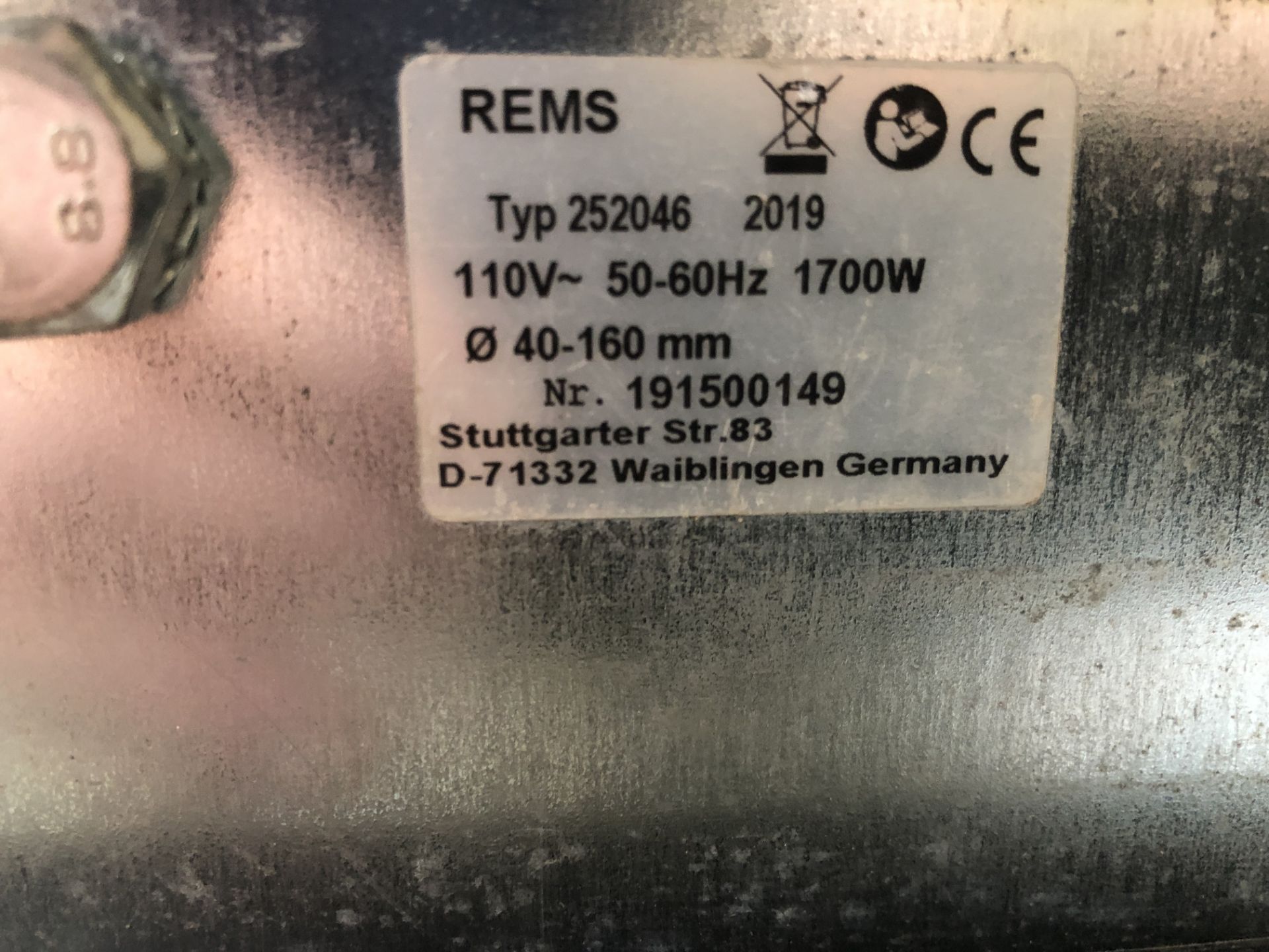 REMS 252046 Plastic Pipe Butt Fusion Welder (2019) Serial Number 191500149 on Cabinet/Stand ( - Image 4 of 4