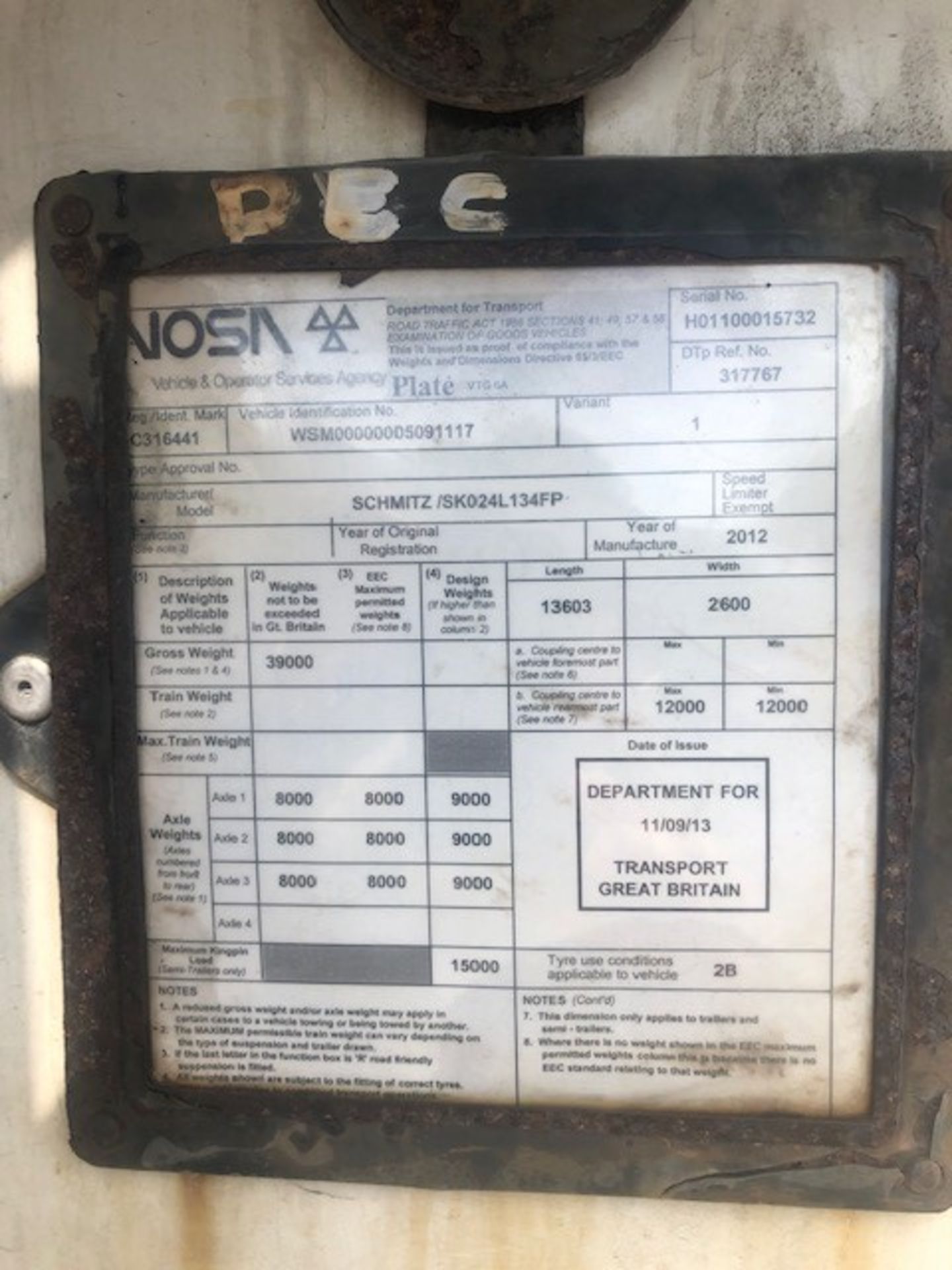 Schmitz “Cargobull Type SK024L134FP Refrigerated Trailer (2012), ID Number WSM00000005091117, Serial - Image 10 of 12