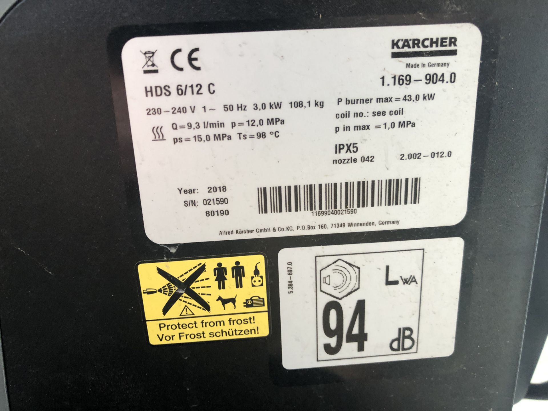 Karcher “Professional” HDS6/12 C Hot Water Pressure Washer (2018), Serial Number 02159080190 ( - Image 3 of 4