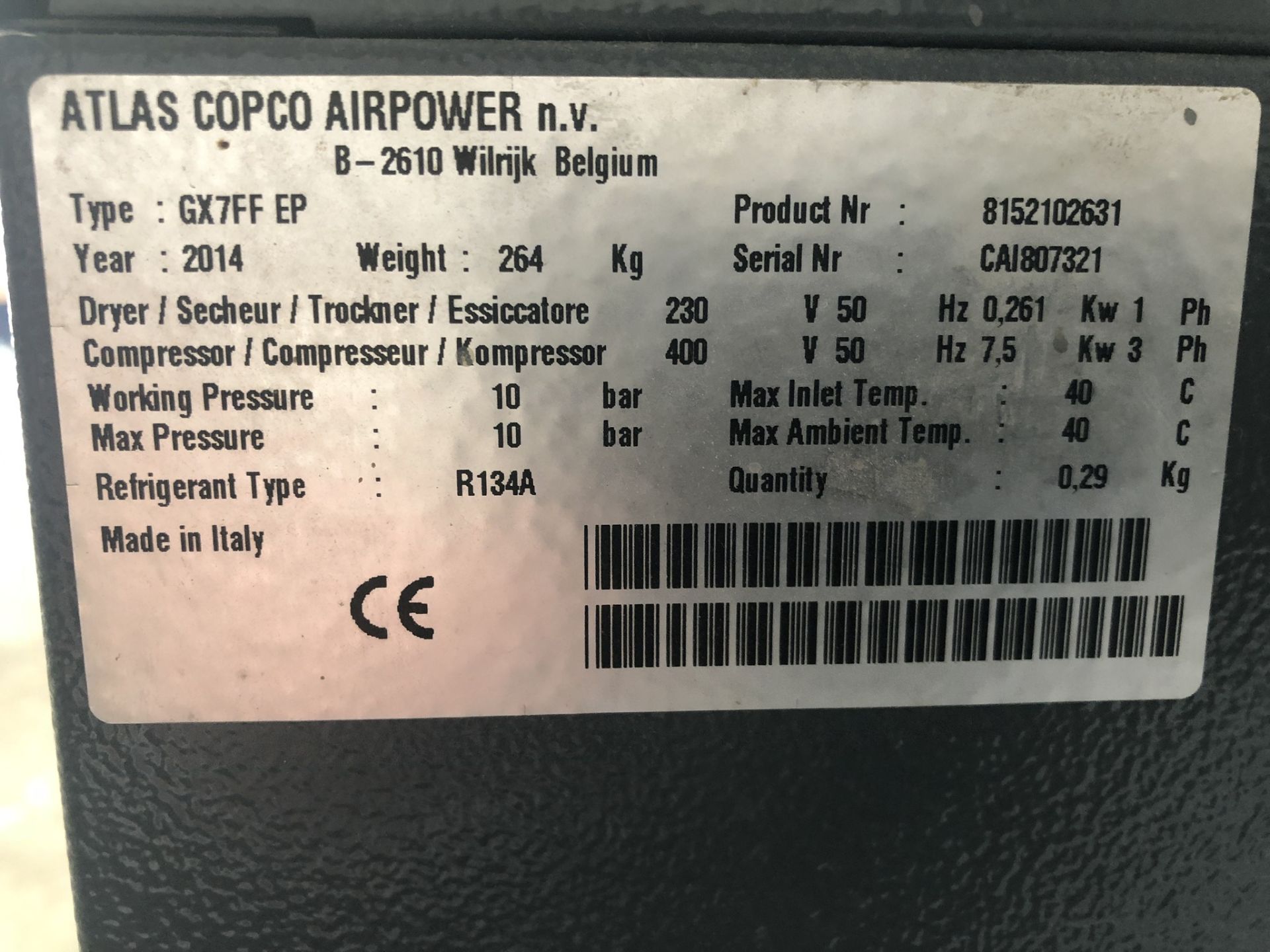 Atlas Copco GX7FF EP Screw Type Compressor (2014), Serial Number CA1807321, 3-Phase, 1,407 hours ( - Image 2 of 3