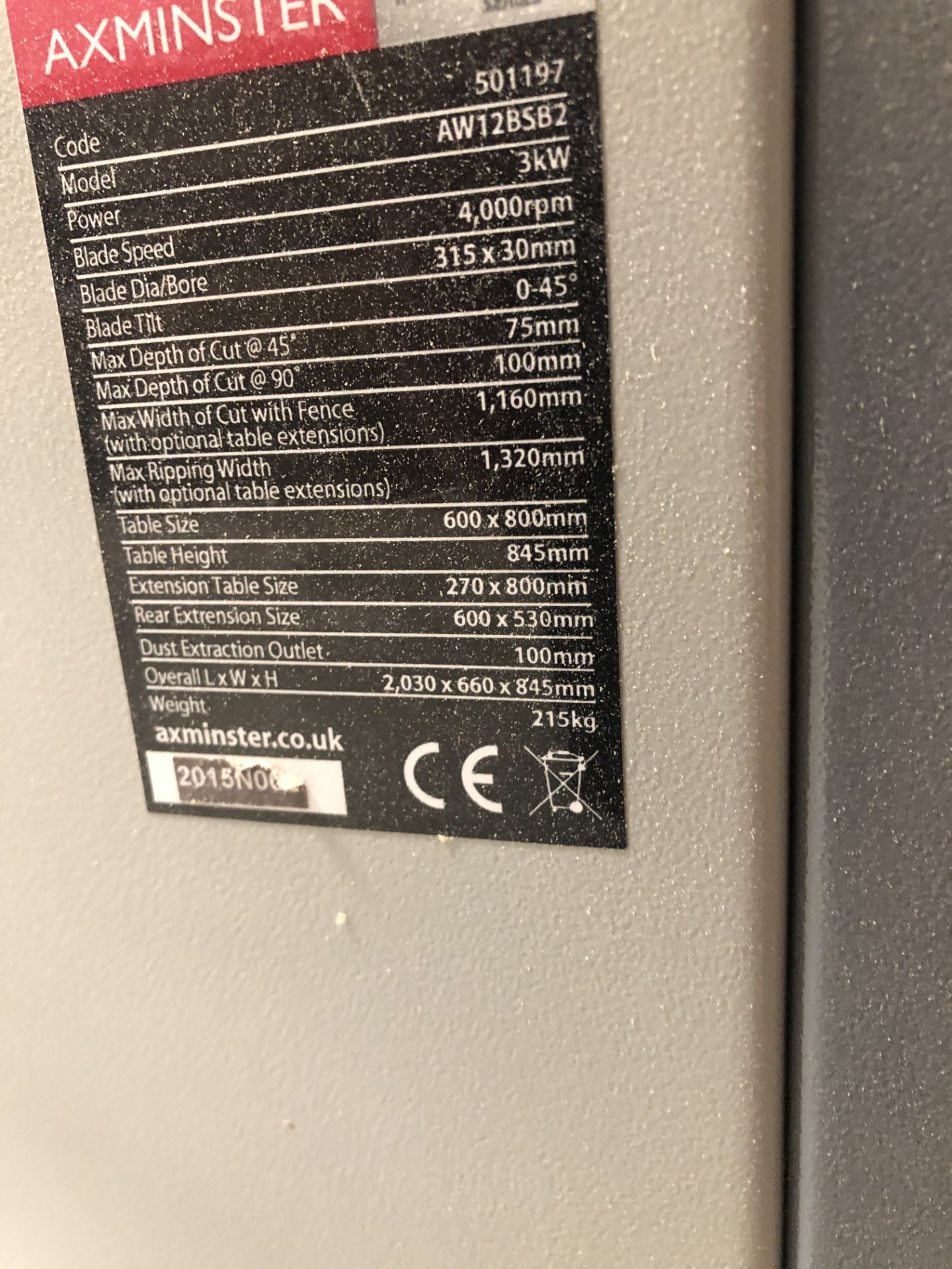 Axminster “Trade” Model AW128582 Table Saw, Serial Number 215NO, 600mm x 800mm, 3-Phase, ( - Image 3 of 3