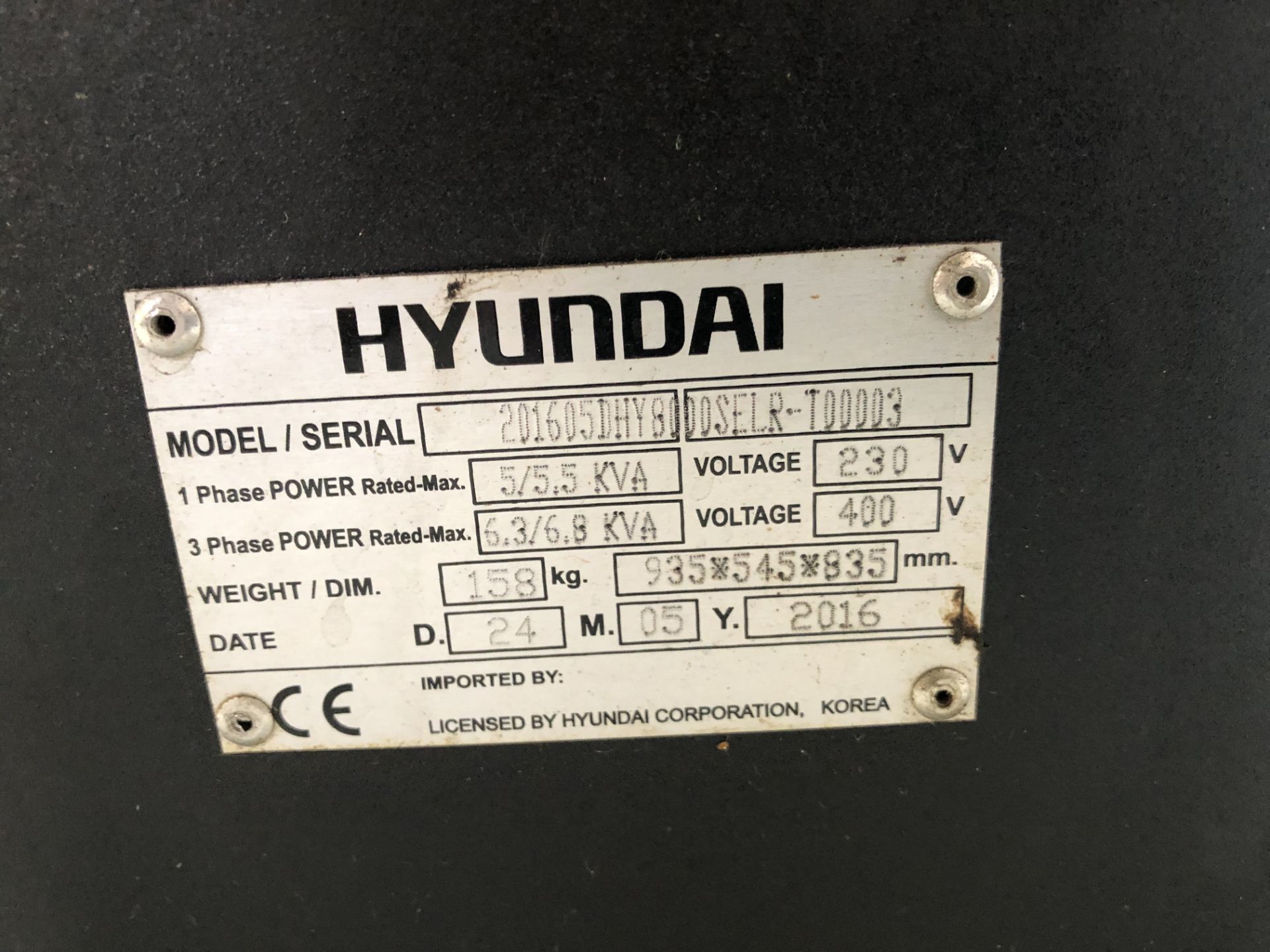 Hyundai DHY6000SELR Diesel Generator (2016), Serial Number 201605 4.5/5.2kw (Location: Brentwood. - Image 2 of 2