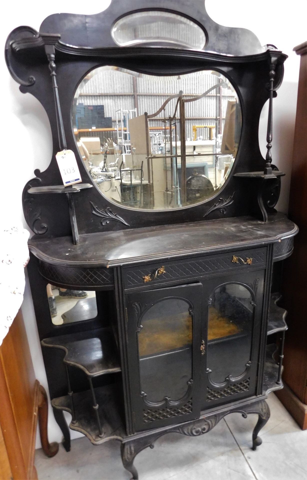 Mid Victorian Ebonised Mirror Back Display Cabinet, Carved Frieze above Short Cabriole Supports (