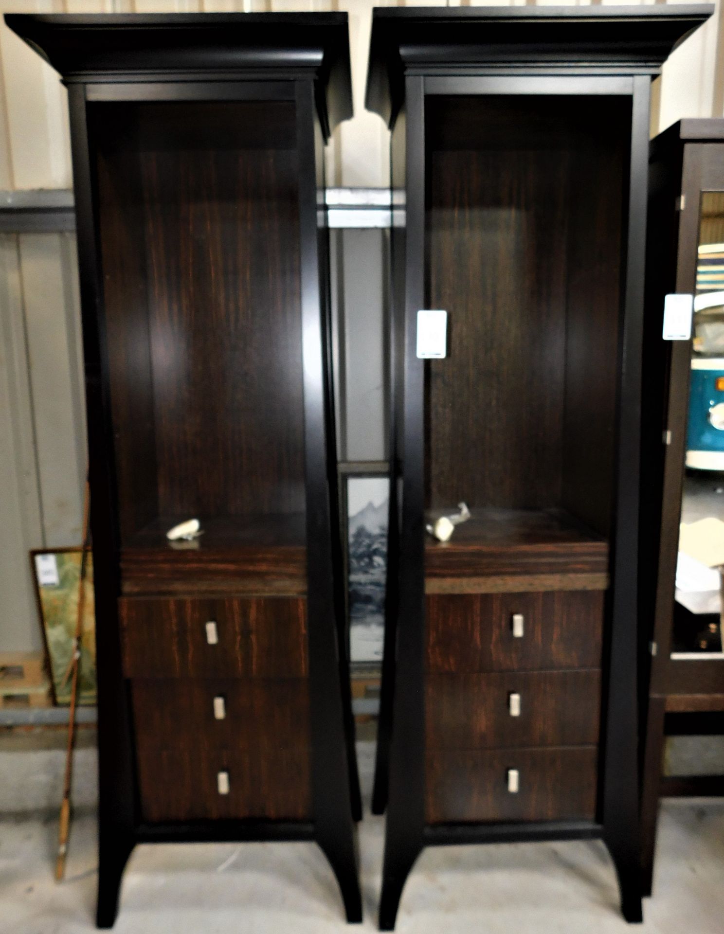 Pair of Moccassor Wood Side Cabinets, Inverted Step Pediment above Two Adjustable Shelves & Three