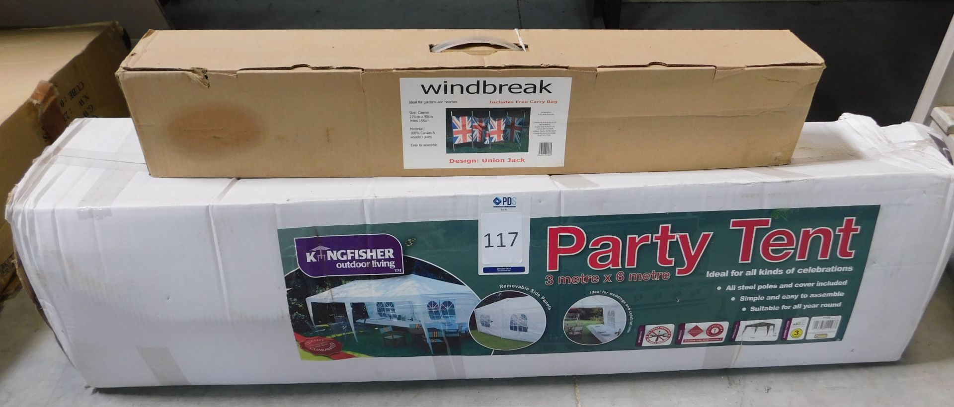 Kingfisher 3 x 6m Party Tent, Four Southsea Deckchair Frames & a Union Jack Windbreak (Location: