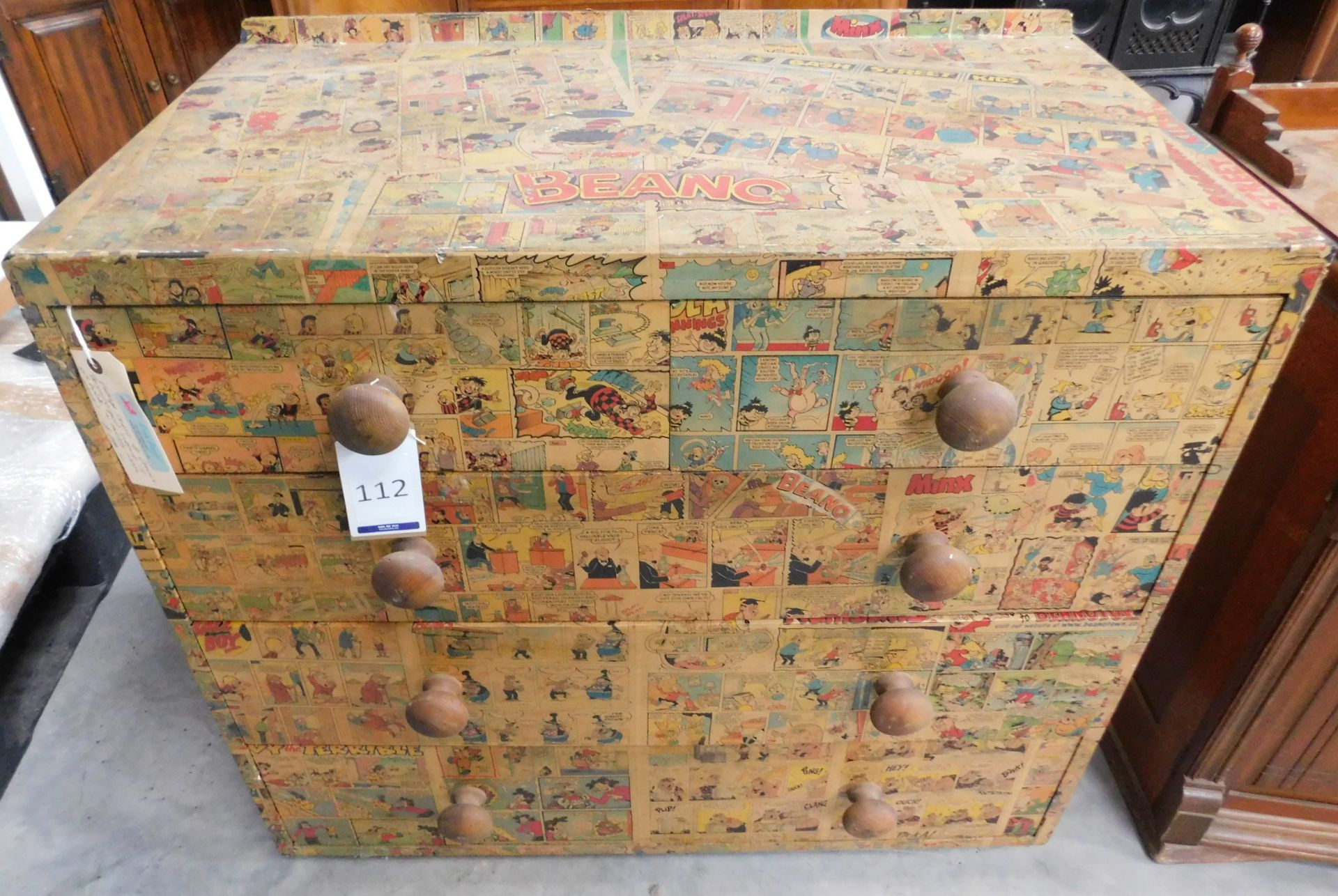 Pine Chest of Four Drawers decorated with Beano Comic Pages & a Child’s Desk of Similar Design (