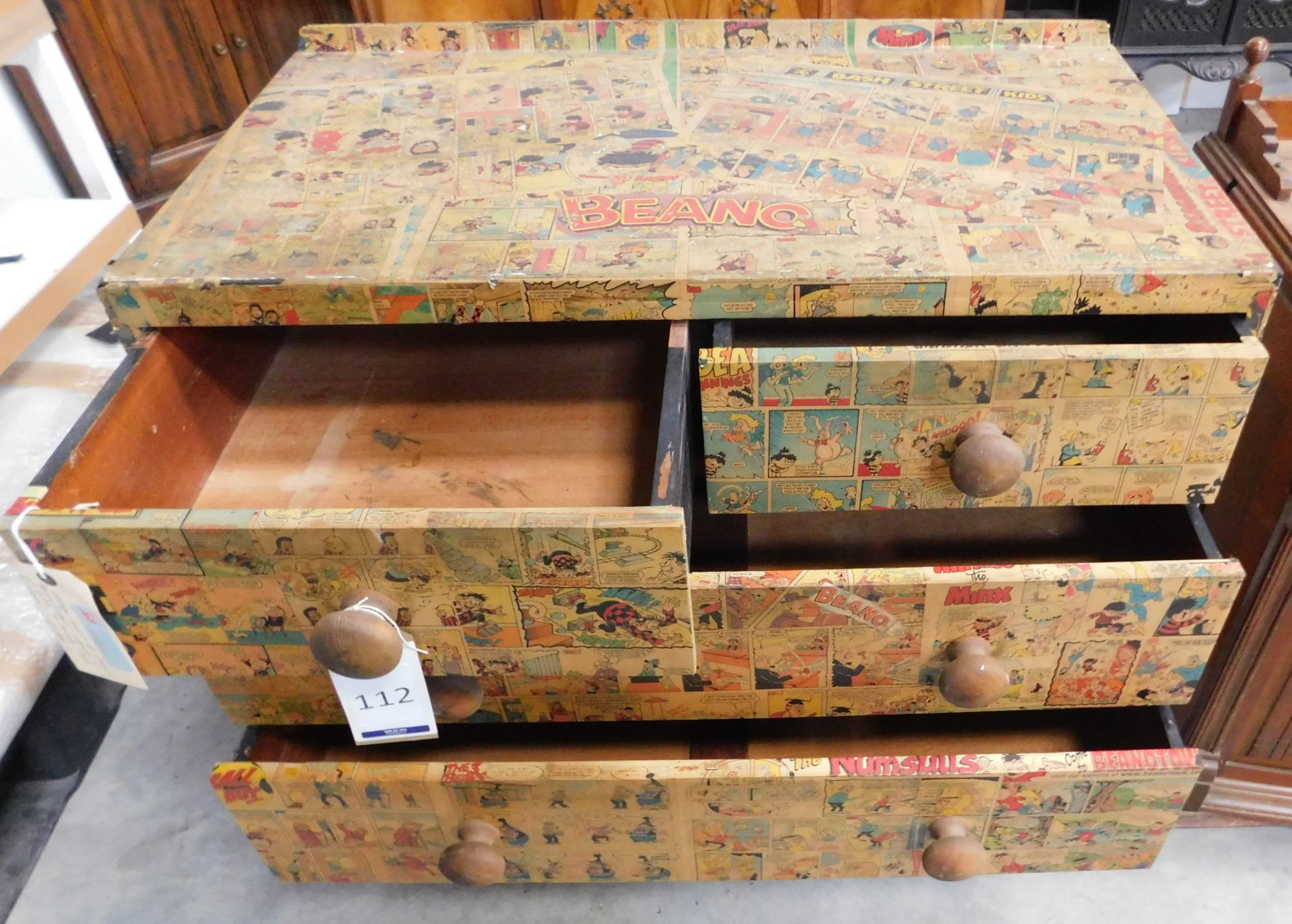 Pine Chest of Four Drawers decorated with Beano Comic Pages & a Child’s Desk of Similar Design ( - Image 2 of 2
