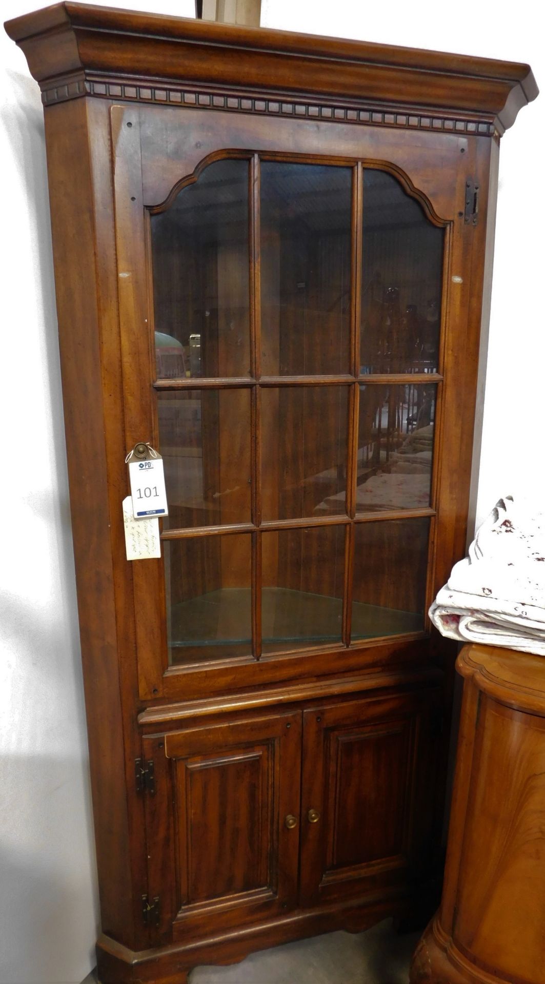 Reproduction Walnut Wood Corner Cabinet, Glazed Latticed Upper Section Fitted Two Plate Glass