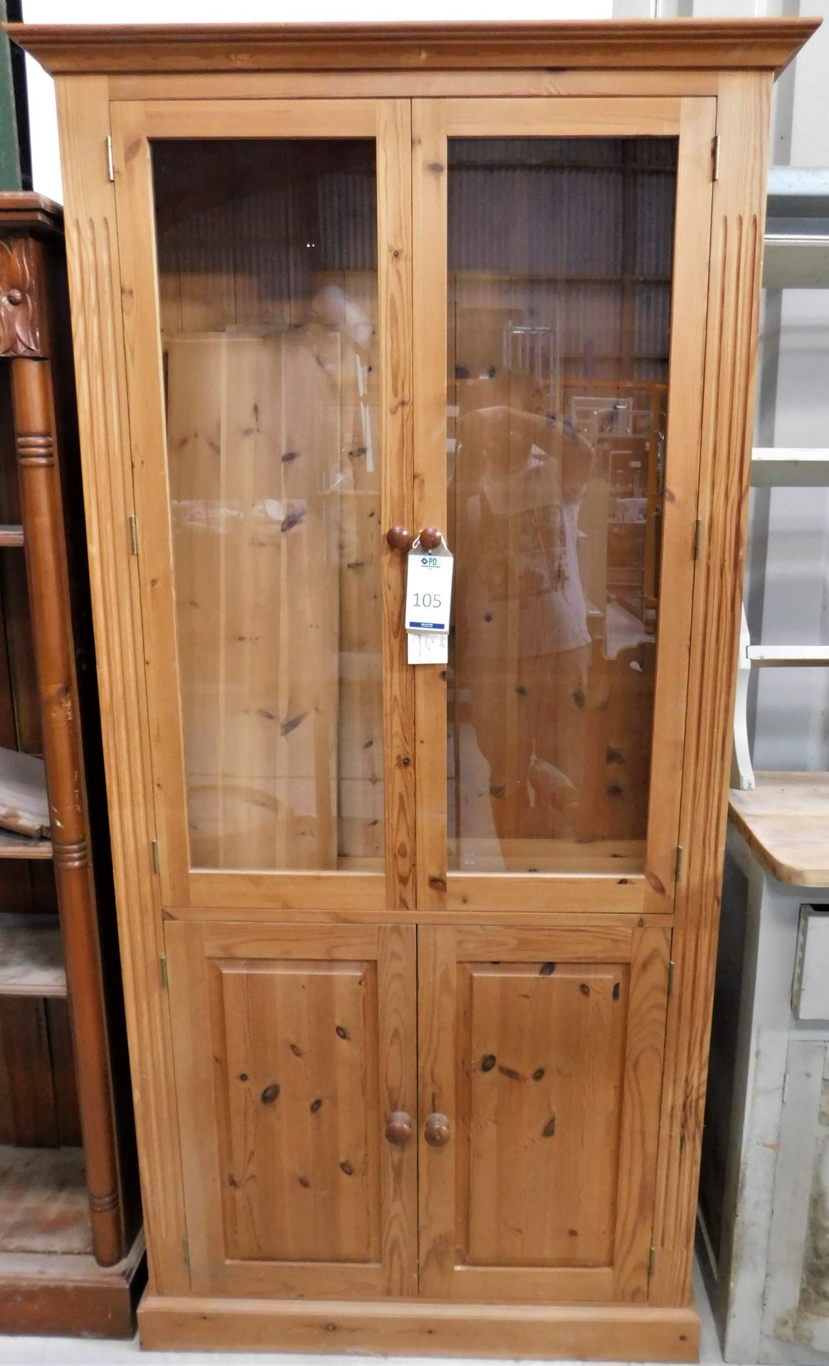 Pine Display Cabinet, Glazed Upper Section with 4 Adjustable Shelves, above Double Door Cupboard (