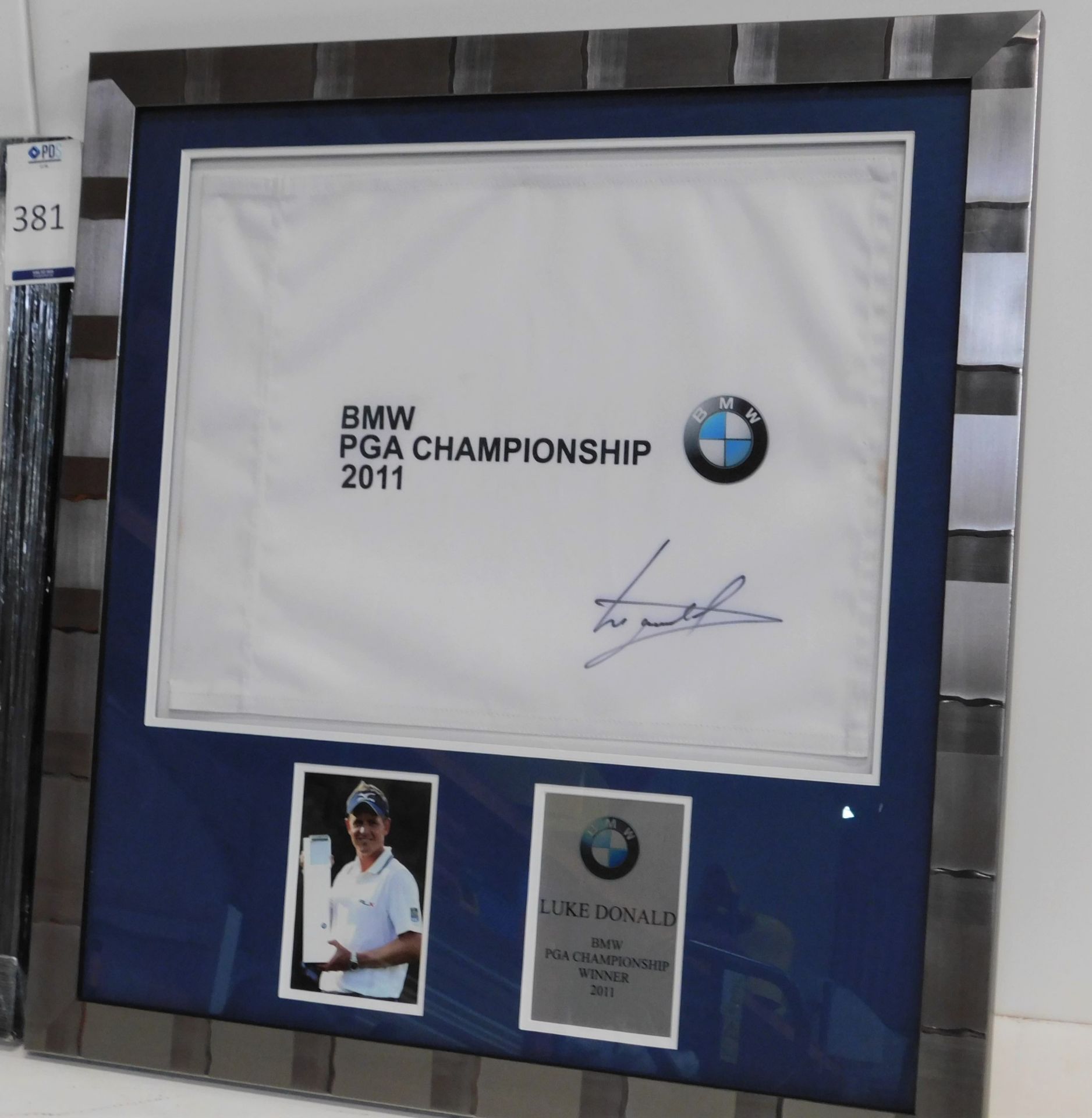 Two Framed BMW Championship Pin Flags 2011 & 2012 Signed by Luke Donald (Overall size: 69cm x 66cm); - Image 3 of 4