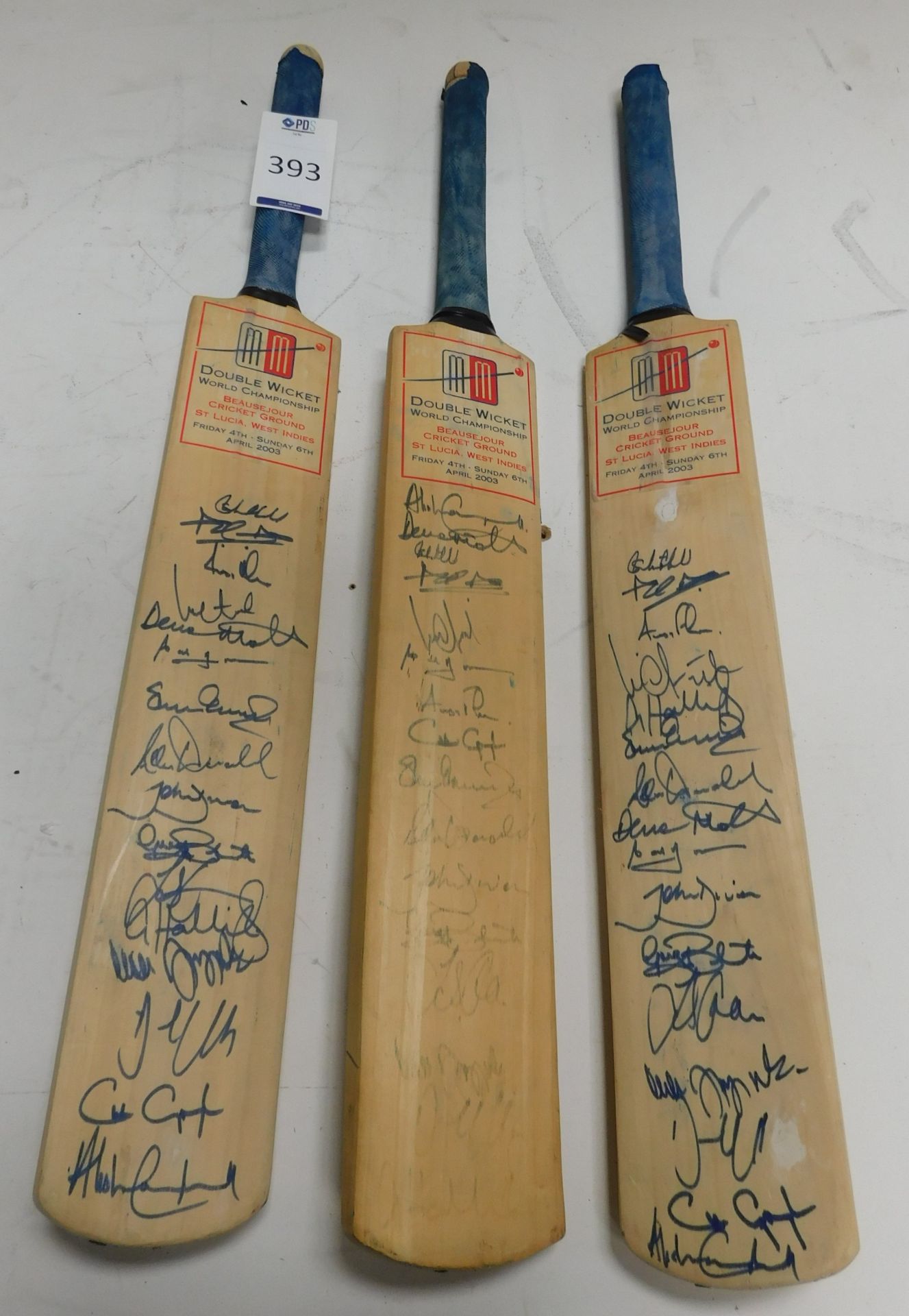 Three Signed Double Wicket World Championship West Indies April 2013 Cricket Bats (Located: