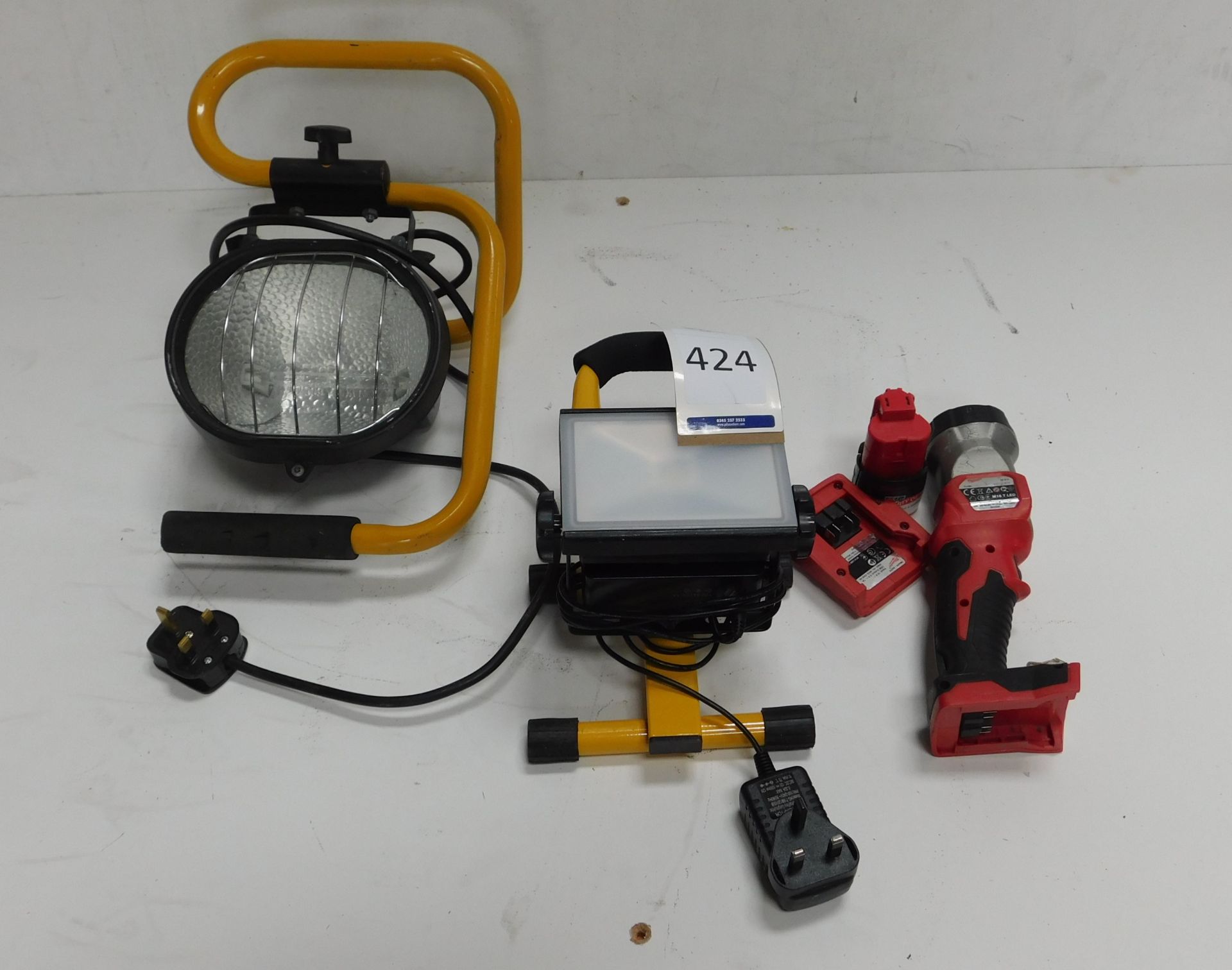 240v Site Lamp with Milwaukee MT18TLED 18v Torch, Bare Tool Only, Milwaukee M12 12v Li-Iron 2.0AH