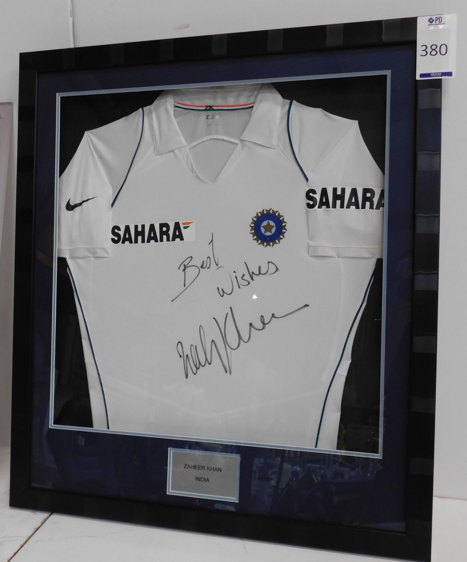 Framed & Signed Zaher Khan India Shirt (Overall size: 88cm x 77cm) with Ian Botham Glass Print (