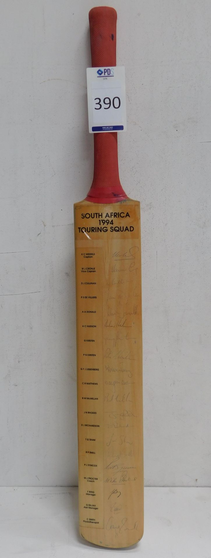 Signed South Africa 1994 Touring Squad Cricket Bat (Located: Brentwood. Please Refer to General