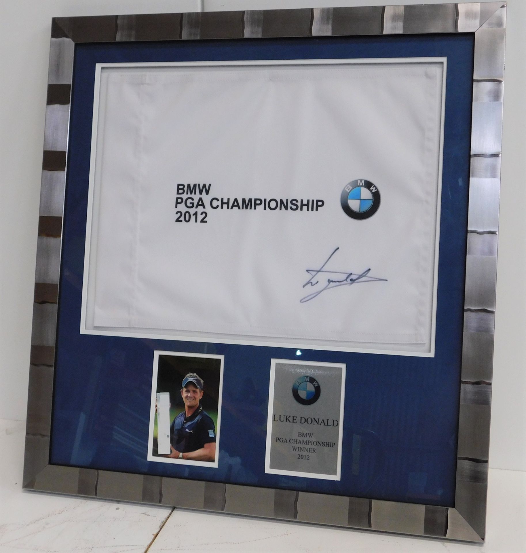 Two Framed BMW Championship Pin Flags 2011 & 2012 Signed by Luke Donald (Overall size: 69cm x 66cm); - Image 4 of 4