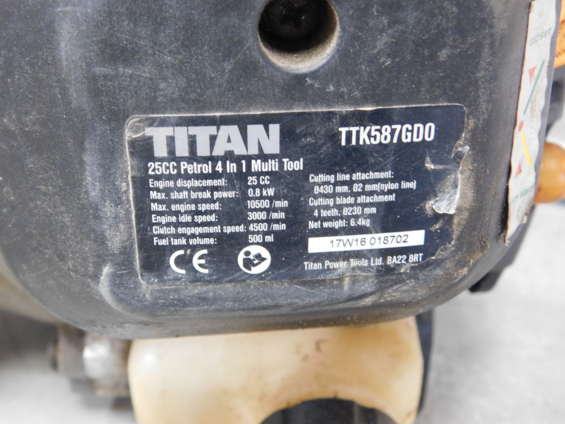 Titan 4-in-1 Multi-Tool TTK587GDO with Hedge Trimmer & Chainsaw Attachments (Location: Brentwood. - Image 2 of 2