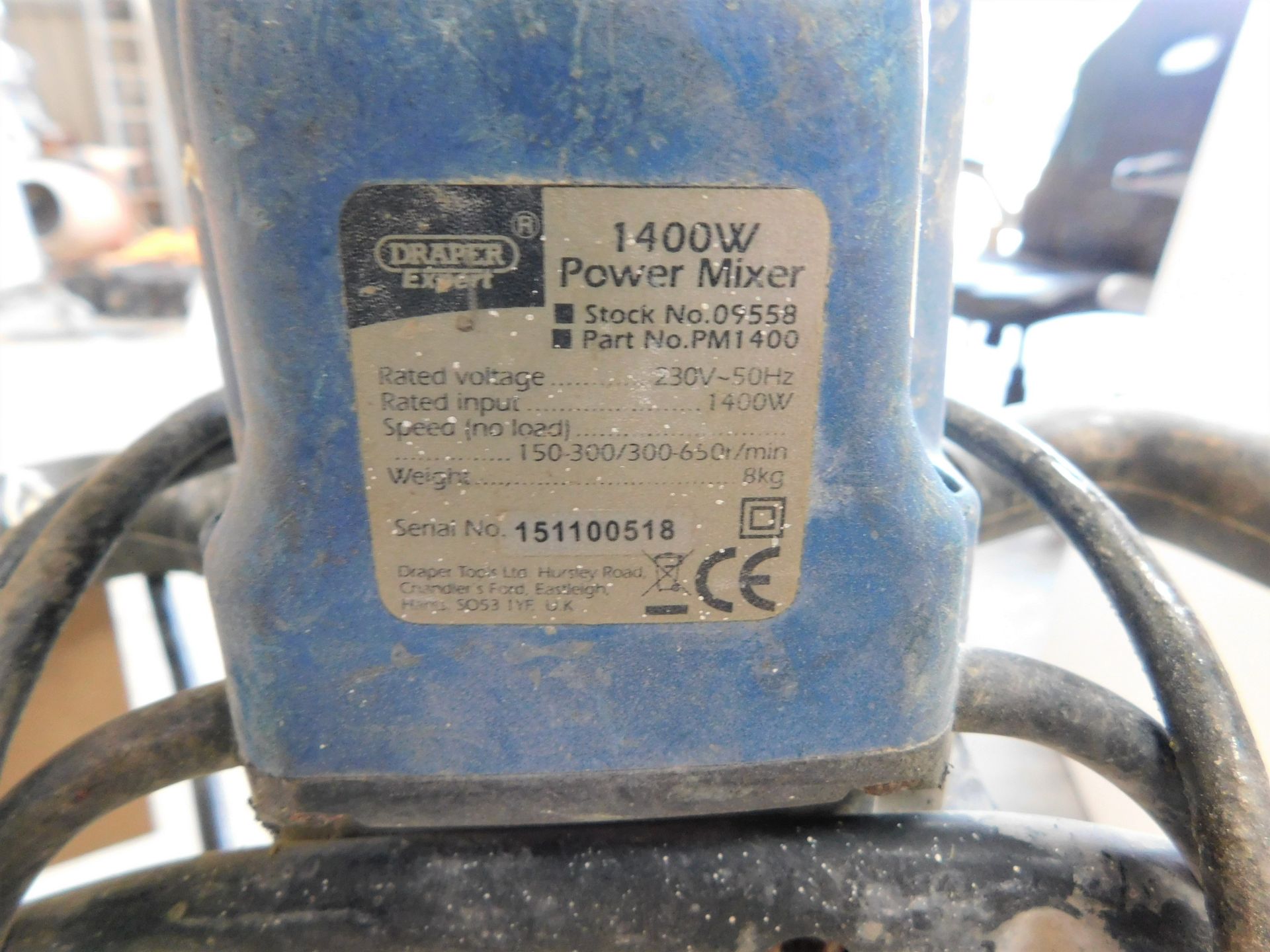 Draper Expert 1400w Power Mixer Serial Number: 151100518, with 3 Attachments (Location: Brentwood. - Image 2 of 2