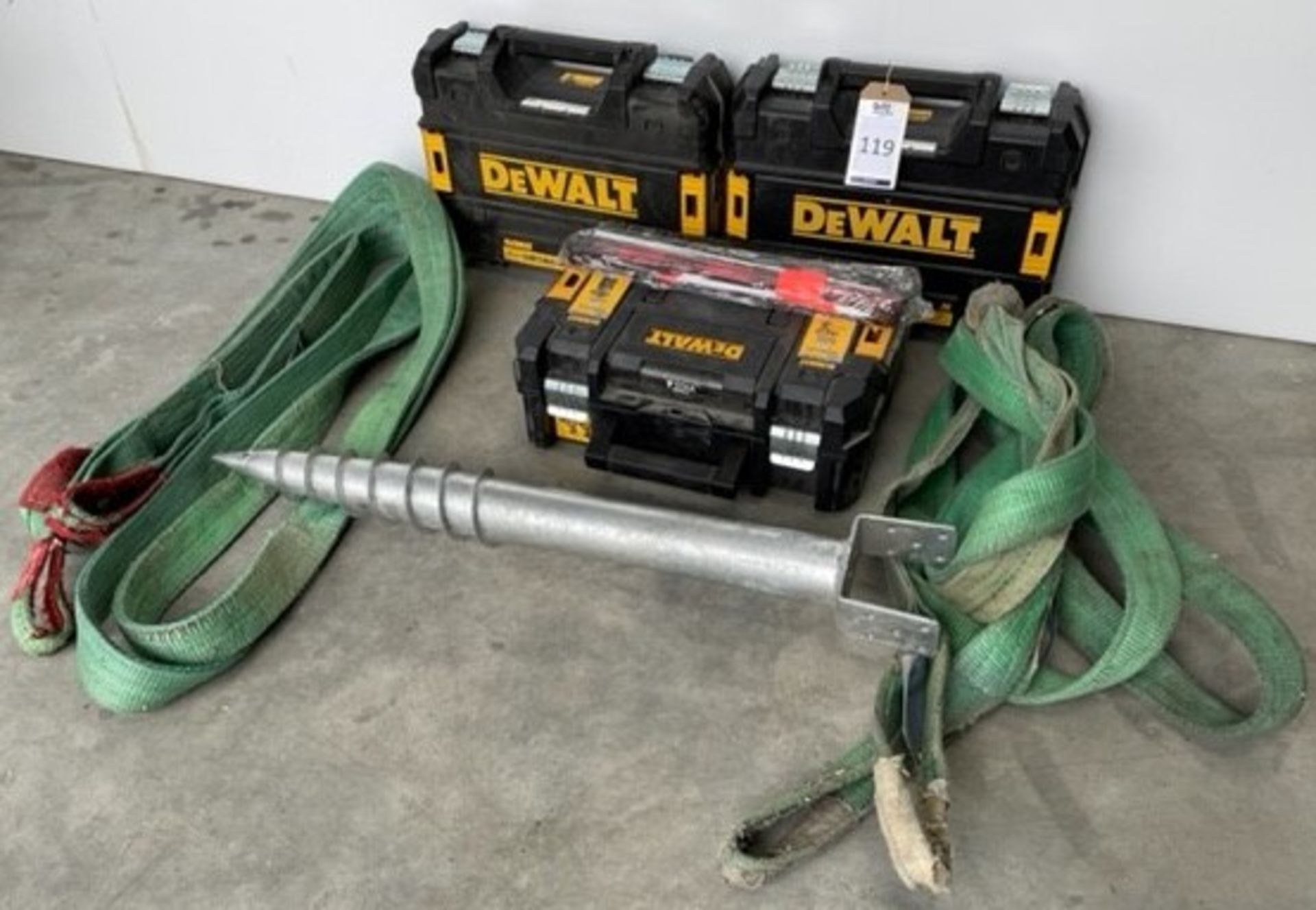 3 DeWalt Cases, 2 Lifting Straps & Ground Anchor (Located: Brentwood. Please Refer to General