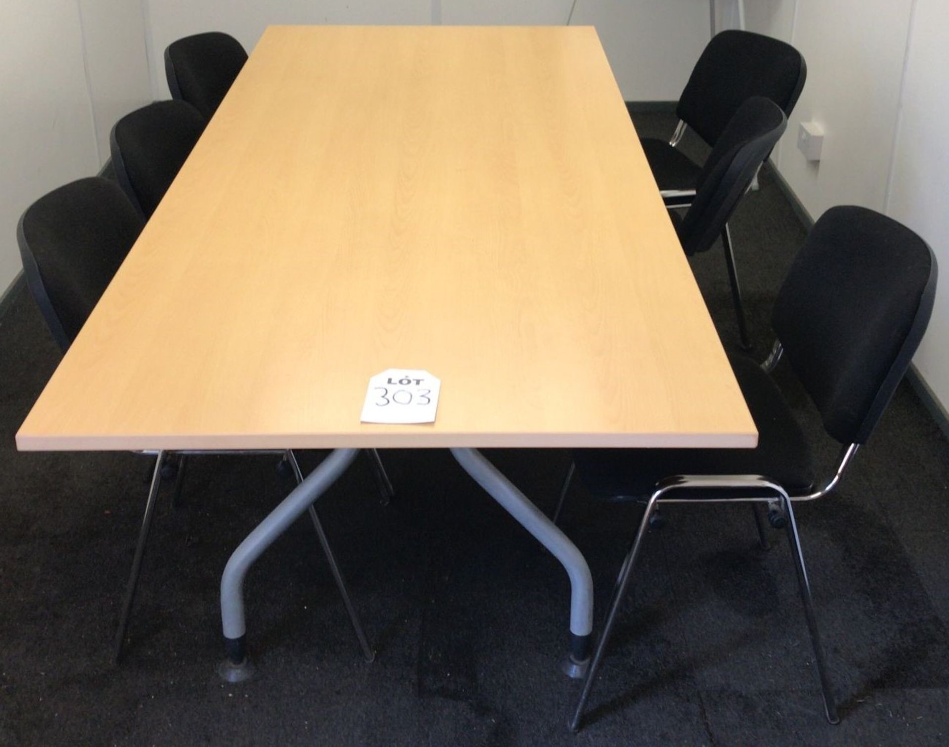 Beech Laminate Meeting Table 2500mm x 1000mm with 6 Chrome Framed Black Cloth Upholstered Stacking