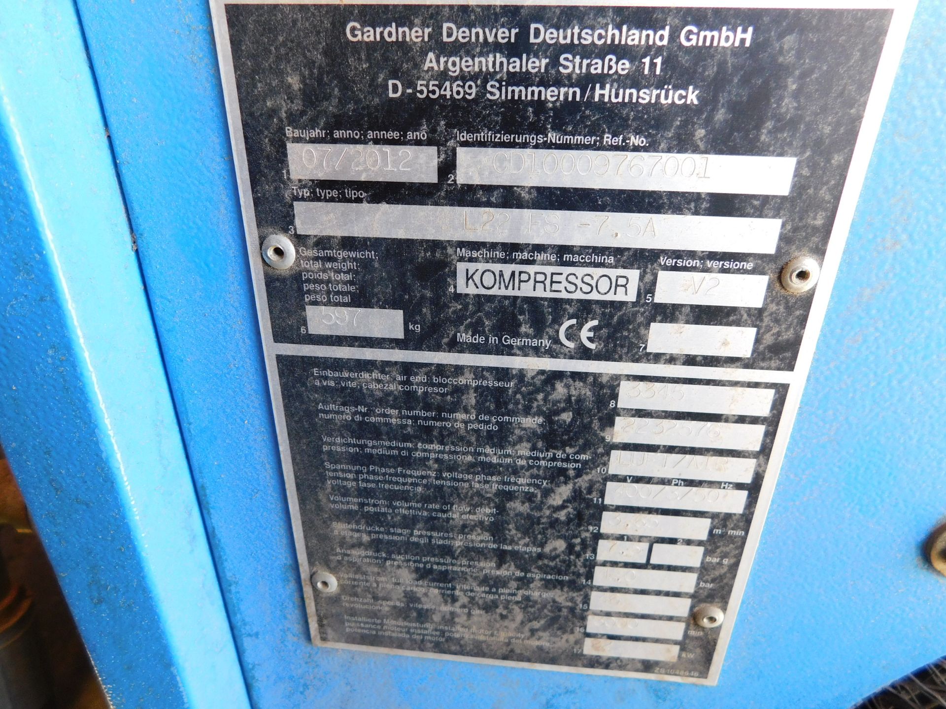 CompAir L22 FS -7.5A Receiver Mounted Compressor with Air Dryer, serial number CD1000976001, (2012) - Image 3 of 5