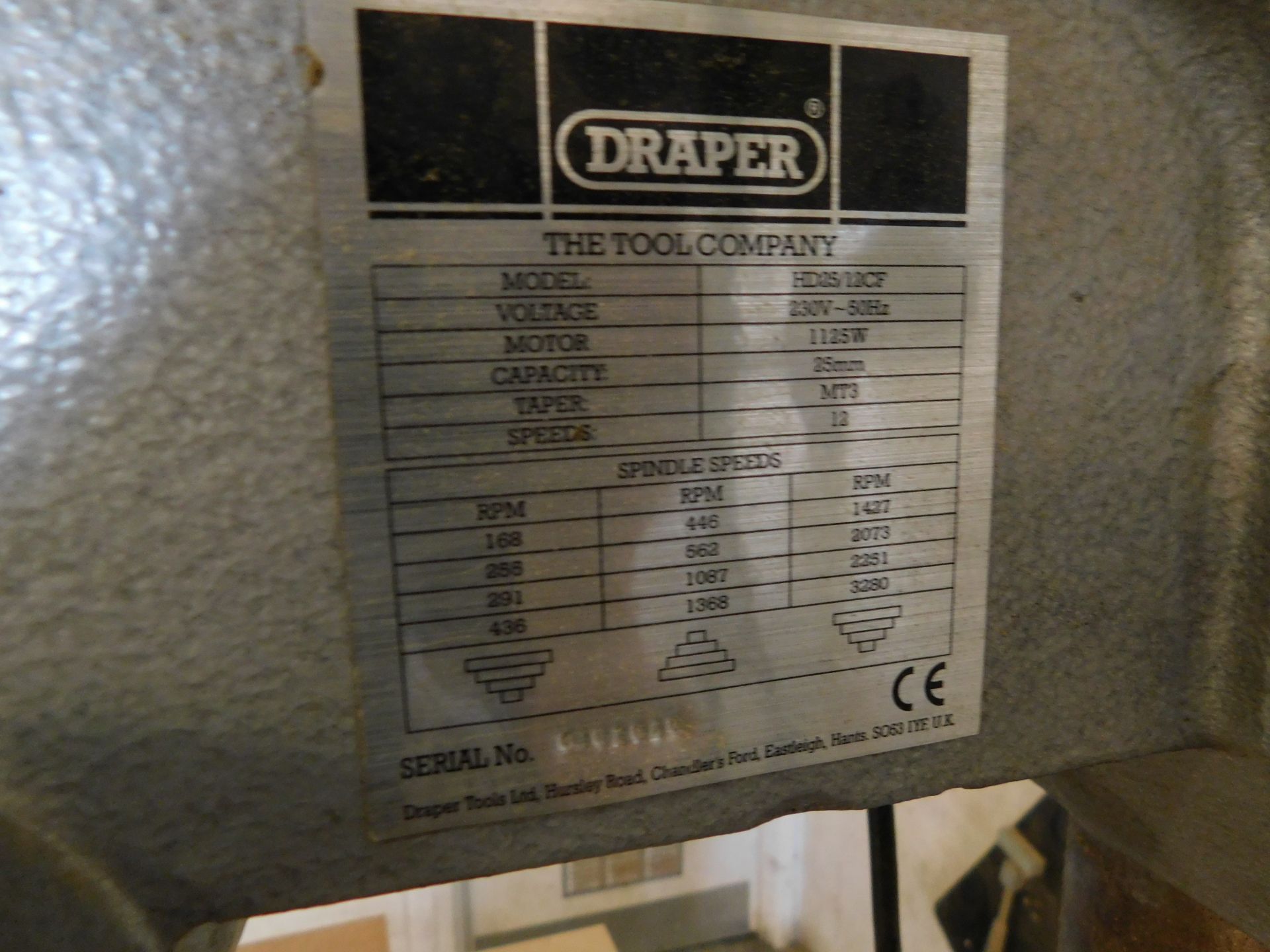 Draper Model HD25/12CF Pedestal Drill, Serial Number 0402040, Single Phase - Image 4 of 4