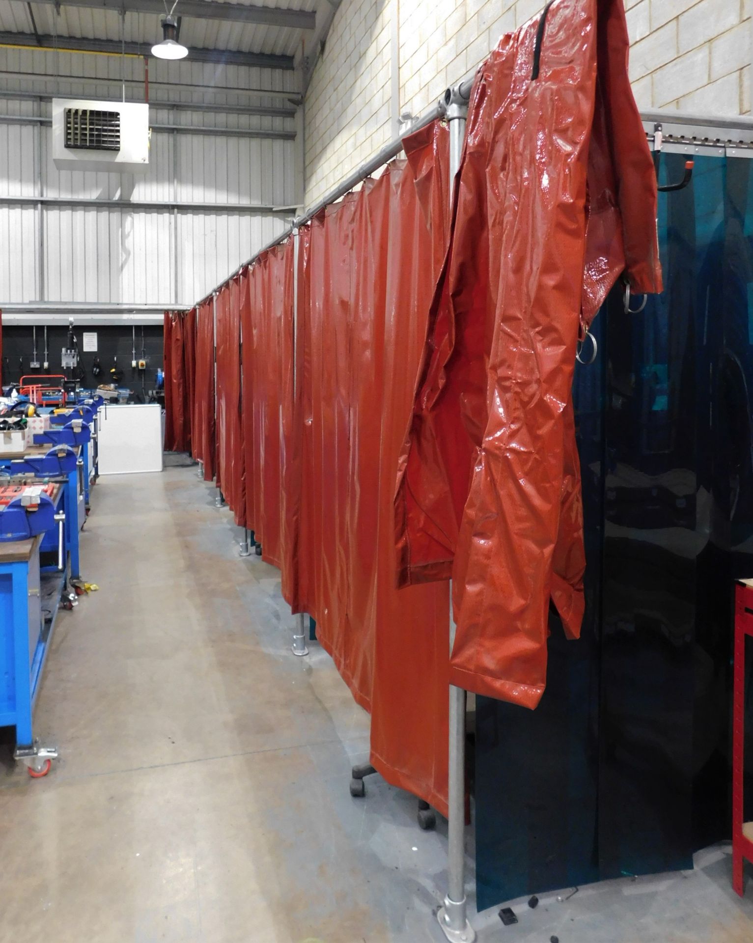 7-Bay Welding Station with 7 Bridela Curtains & PVC Strip Curtain Dividers