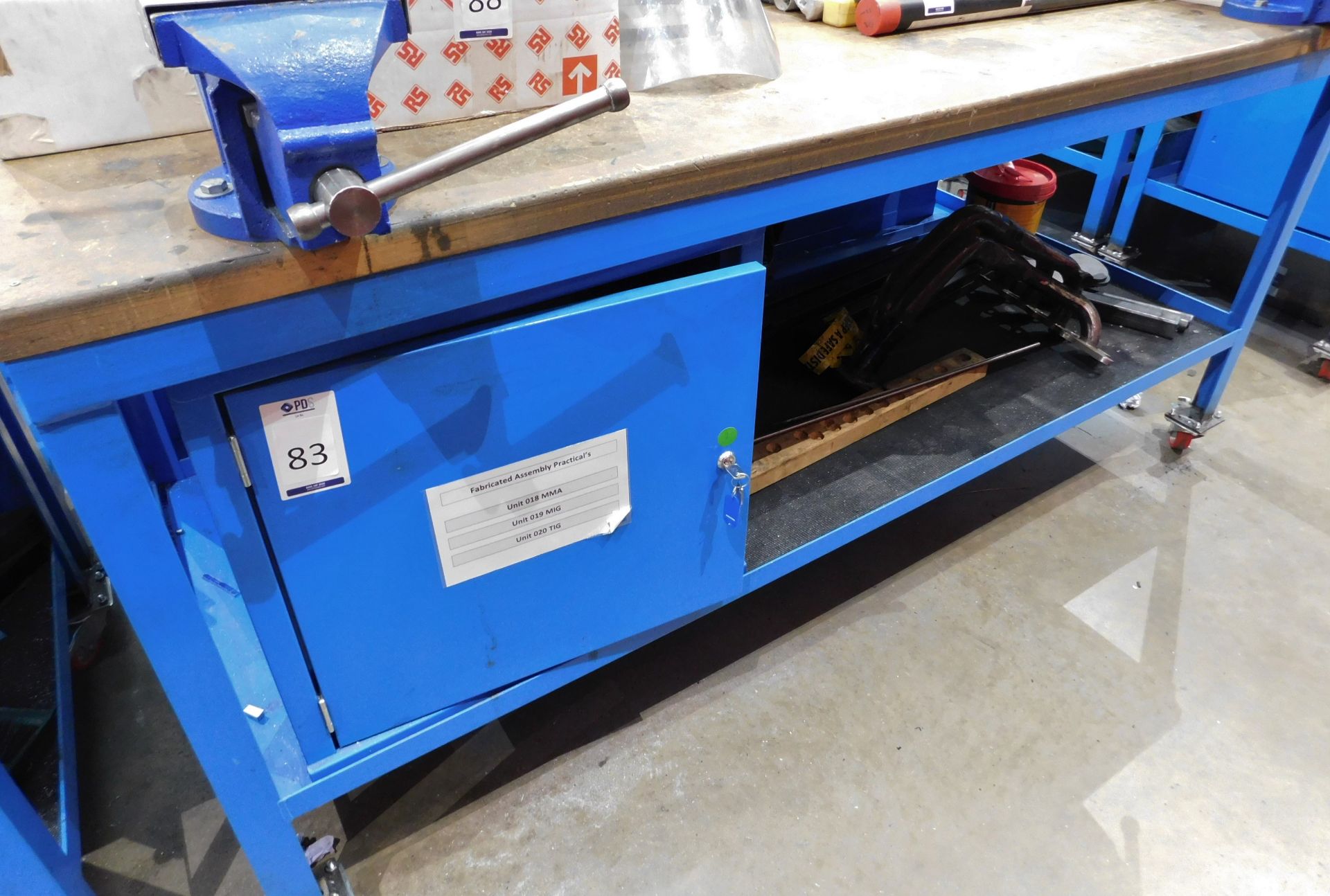 Mobile Steel Workbench,2000mm with Wooden Top & fitted 2 Clarke Vices & Single Cupboard (Excluding