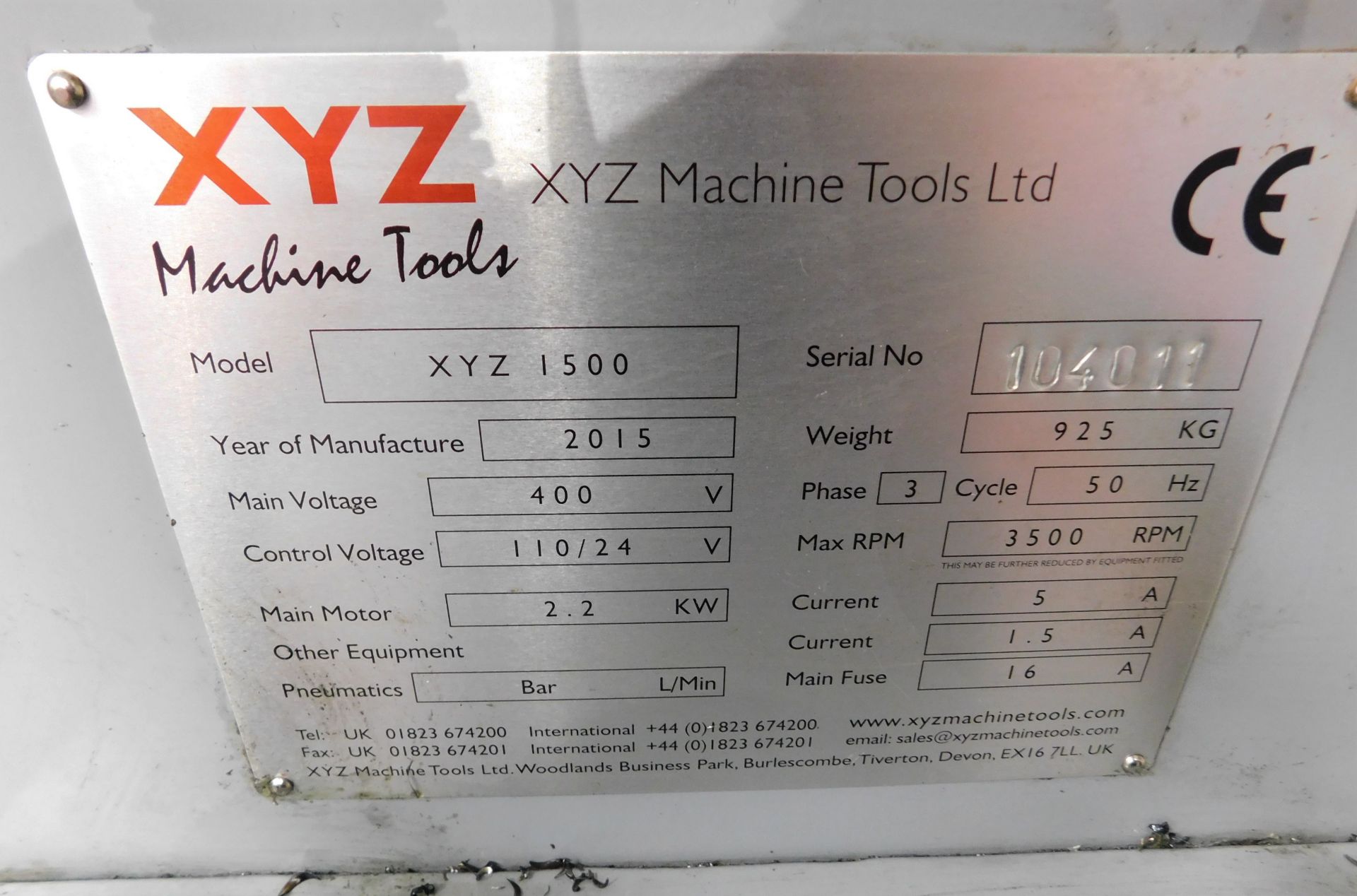 XYZ 1500 Turret Mill (2015), serial number 104011, 3 HP Variable Speed Head, 1069 x 228mm Table & - Image 3 of 8