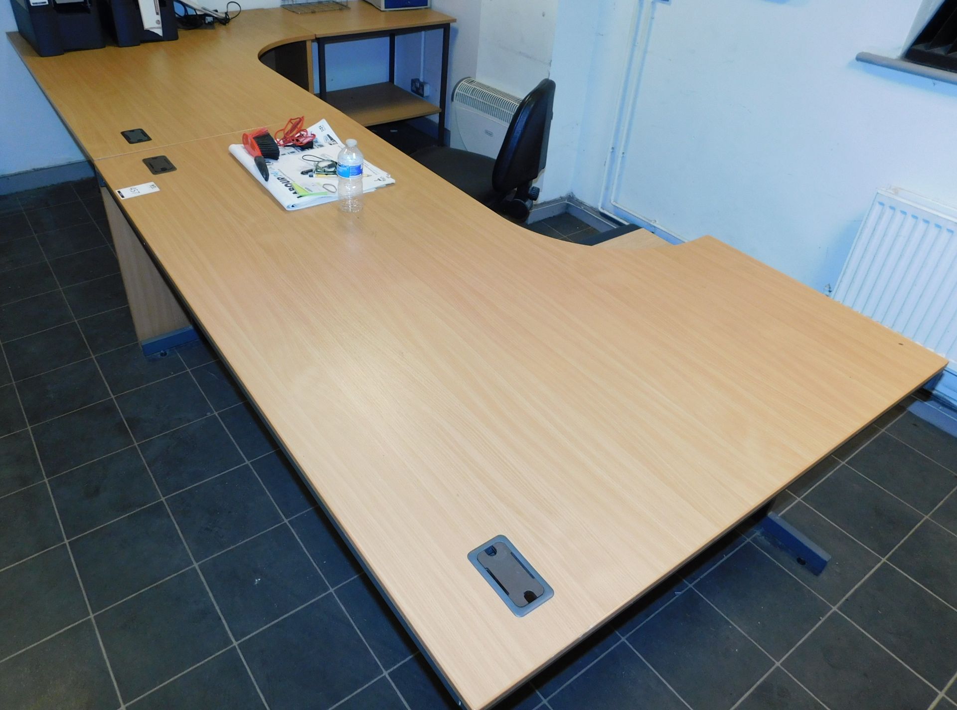 Office Furniture to Include; 2 Shaped Desks, Single Pedestal Desk, 1 Pedestal, 3 Four Drawer