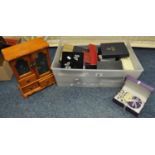 Large box of assorted costume jewellery, jewellery cabinet, ladies dress watches, imitation pearls