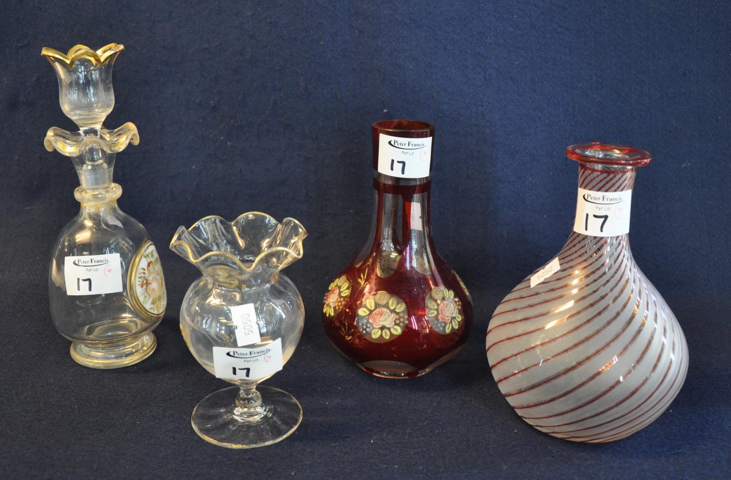 Four items of continental glass to include; ruby flash decorated baluster shaped carafe, a