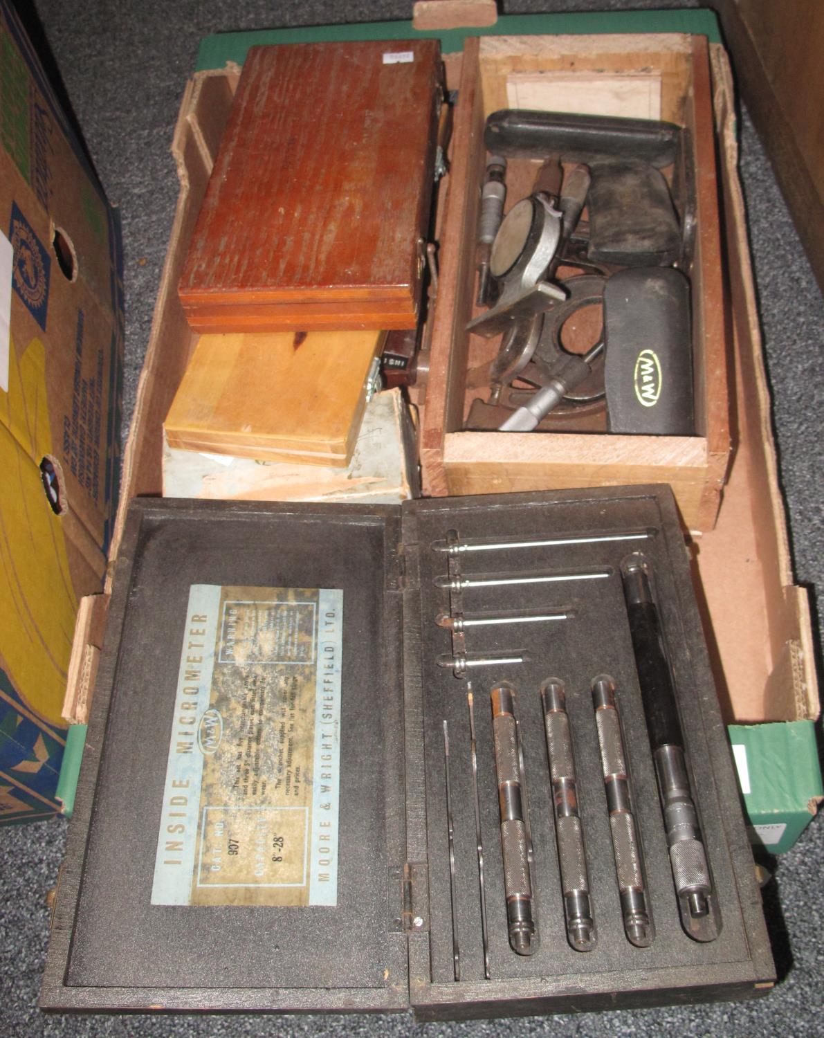 Box of vintage instruments, to include many micrometers, some in original boxes, other measuring