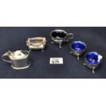 Collection of silver and white metal condiment items to include; pair of open salts with blue