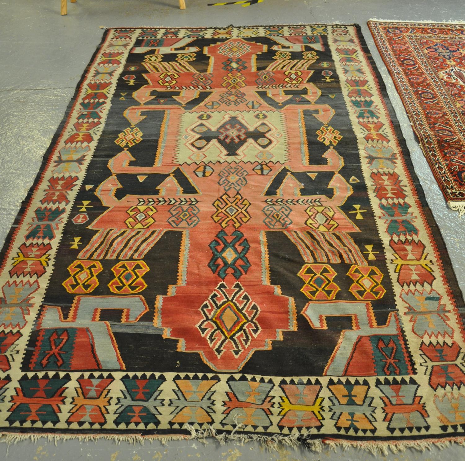 Middle Eastern long Kelim runner, overall with geometric decoration of tarantula and other
