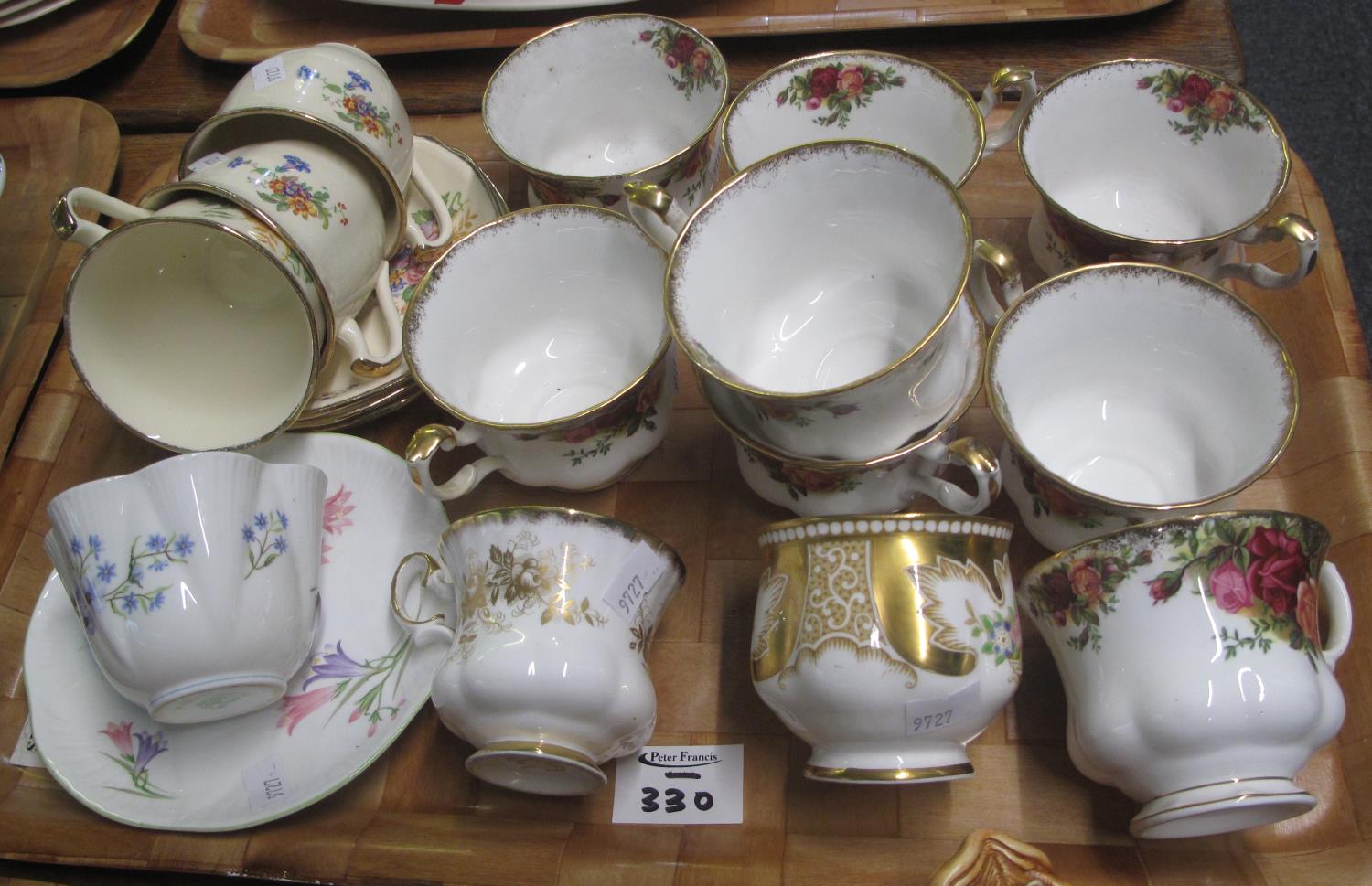 Tray of assorted china to include; Shelley 'blue rock' cabinet cup and saucer, Royal Albert 'Old