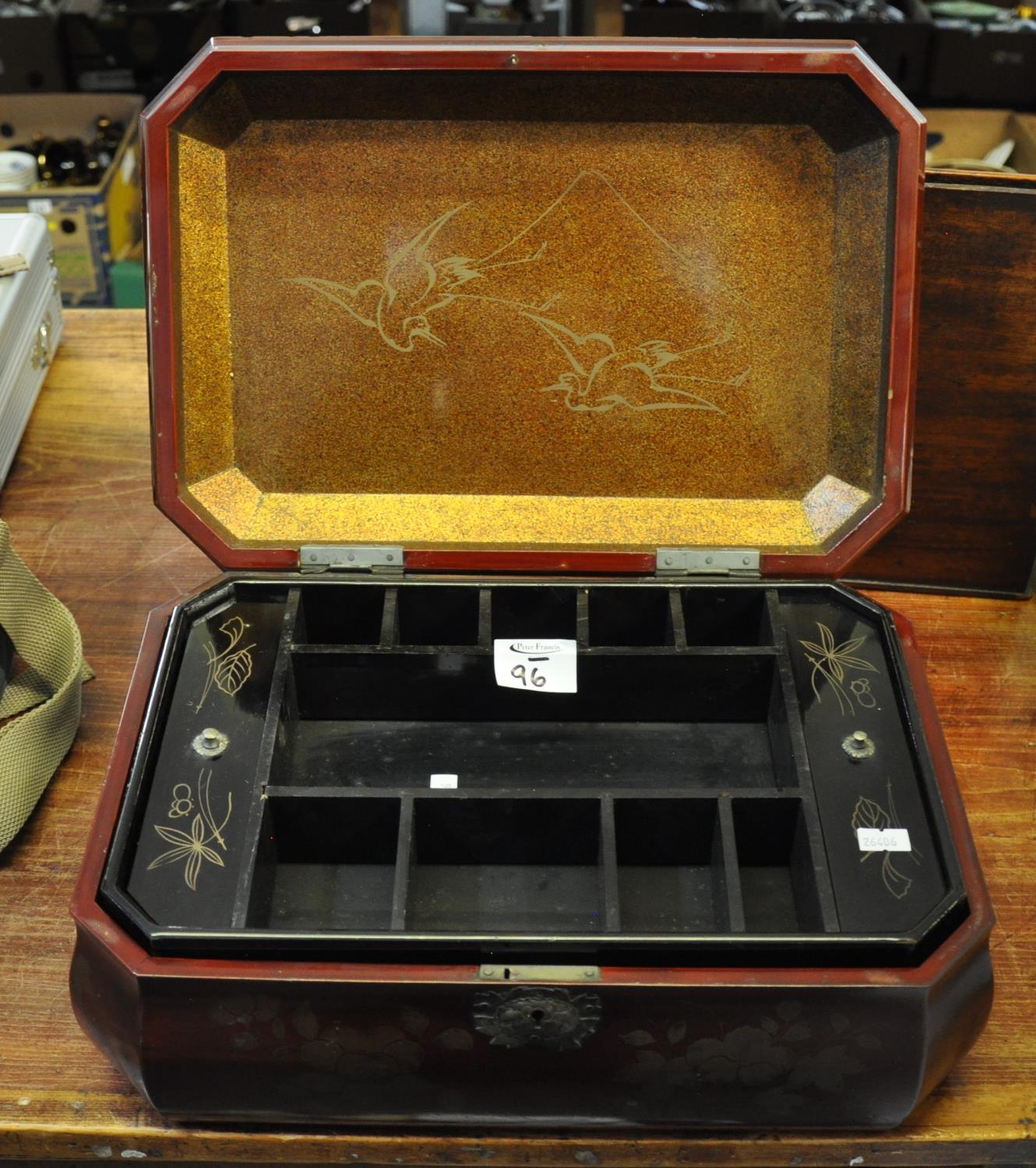 Japanese lacquered jewellery box with fitted lift out tray to the interior, externally decorated