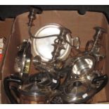 Box of silver plate to include; teaware, table candelabra, bud vase etc. (B.P. 21% + VAT)