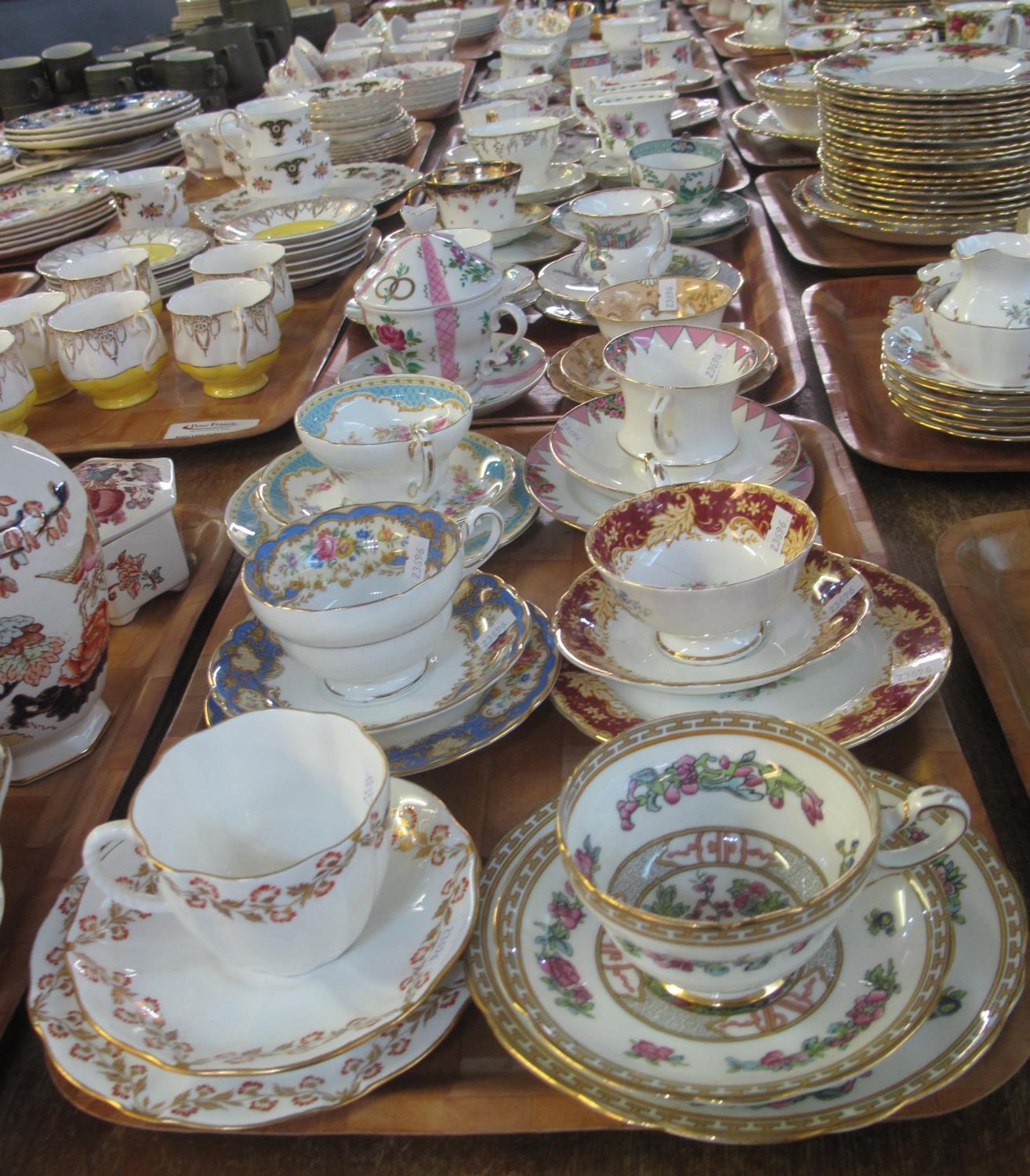 Four trays of various cabinet cups and saucers and trios to include; Paragon, Coalport, Royal Albert