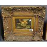 Heavily framed reproduction over painted print, 18th Century landscape, gilt foliate frame and slip.
