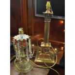 Brass corinthian column table lamp base (modern), together with a white metal vase lustre with